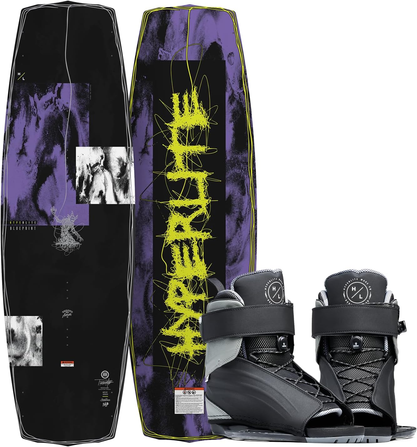 Hyperlite Blueprint wakeboard with Session open toe bindings in multiple board and boot sizes