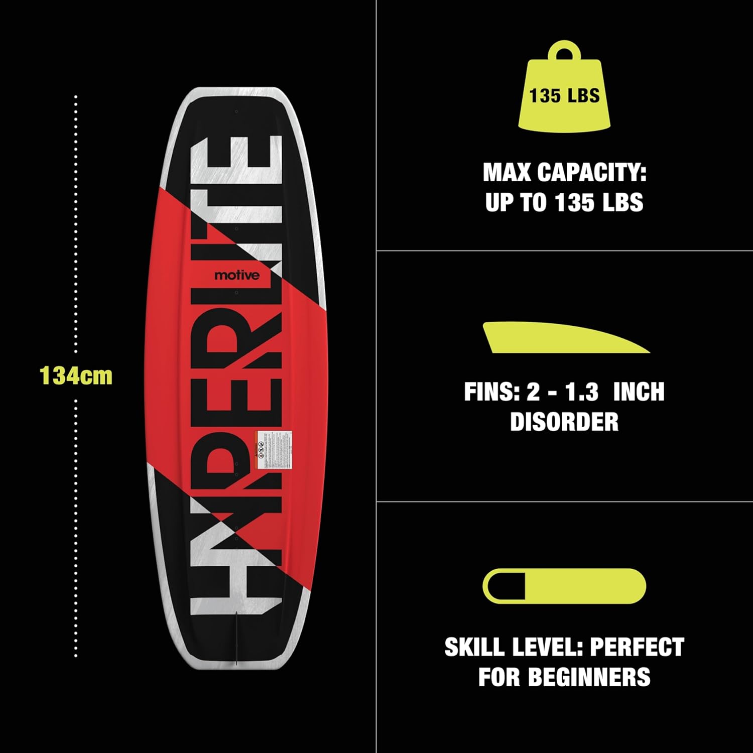 Hyperlite Motive wakeboard with Frequency OSFA bindings featuring continuous rocker and vibrant graphics weight