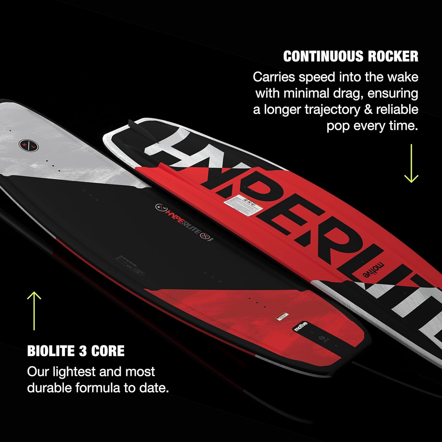 Hyperlite Motive wakeboard with Frequency OSFA bindings featuring continuous rocker and vibrant graphics rocker