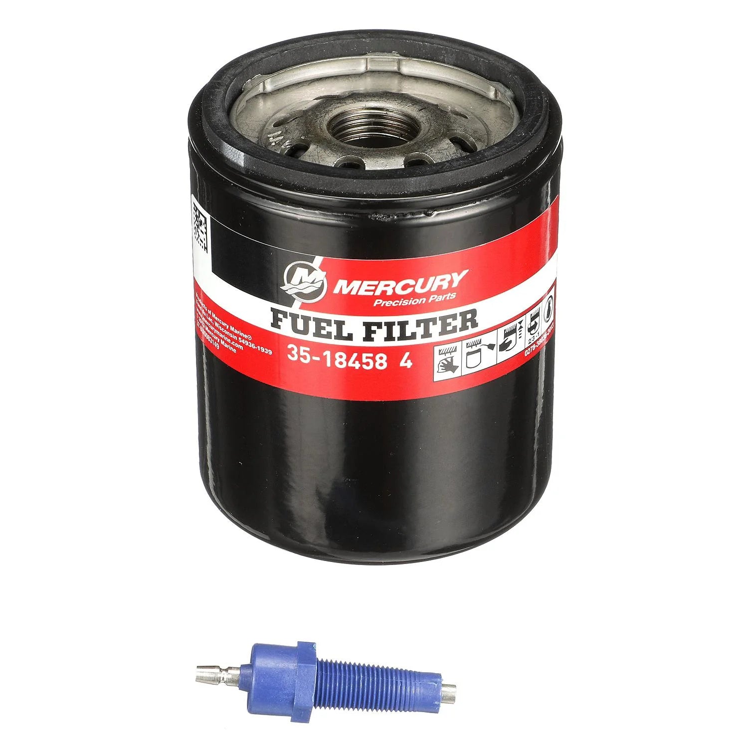 Mercury 18458T4 water-separating fuel filter with blue sensor for 1996+ Mercury/Mariner V6 EFI/DFI two-stroke outboards (under-cowl)