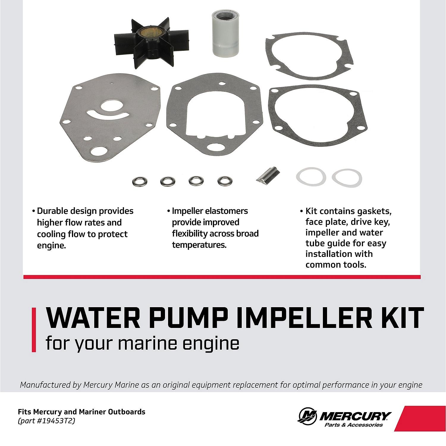 Mercury 19453T2 water pump impeller repair kit for 50-60HP 3-cylinder TwoStroke outboards with standard gearcase facts