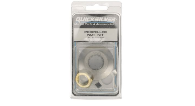 Quicksilver 31990Q02 propeller nut kit for Mercury Mariner and Force rubber hub propeller applications with thrust washer tab washer and prop nut box