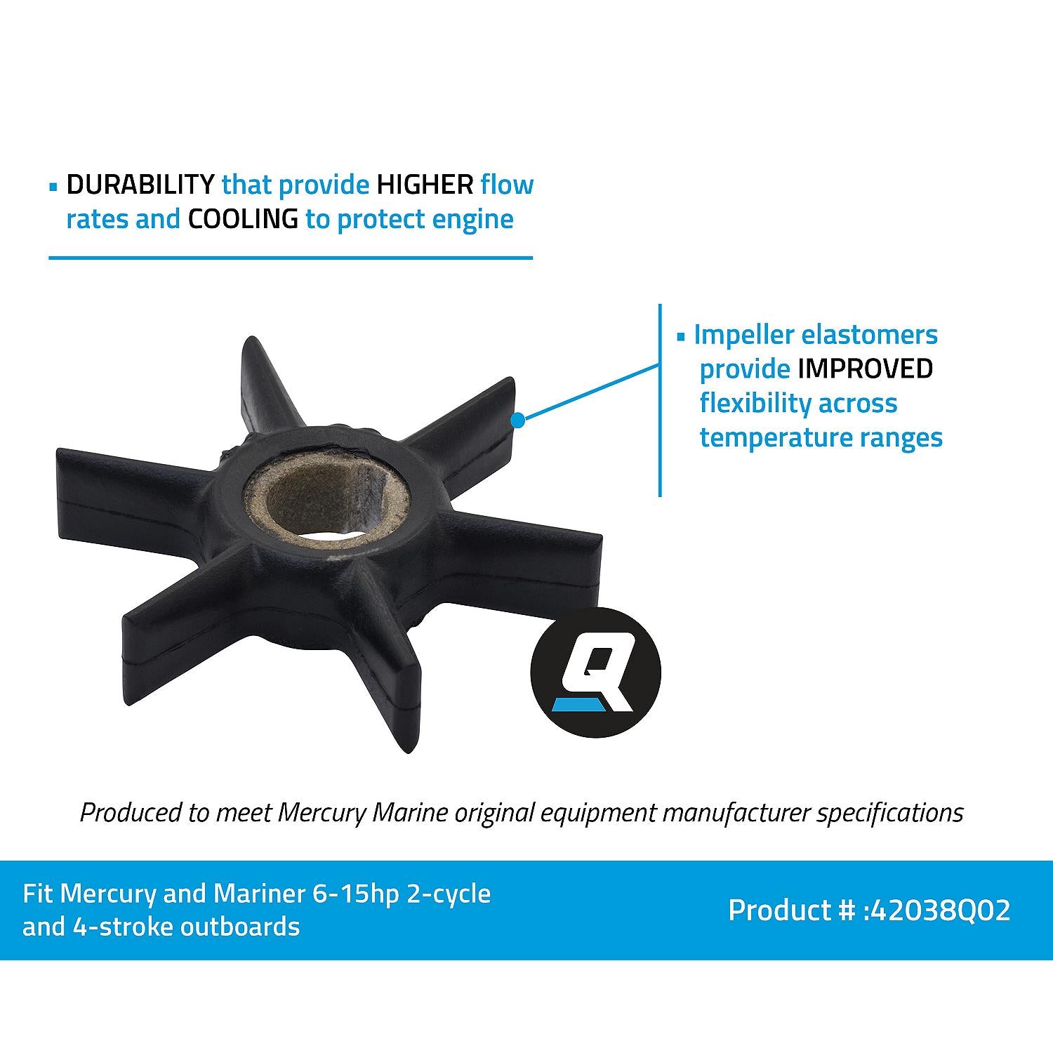 Quicksilver 42038Q02 water pump impeller for select 6-15 HP Mercury and Mariner outboards with standard gearcases Details