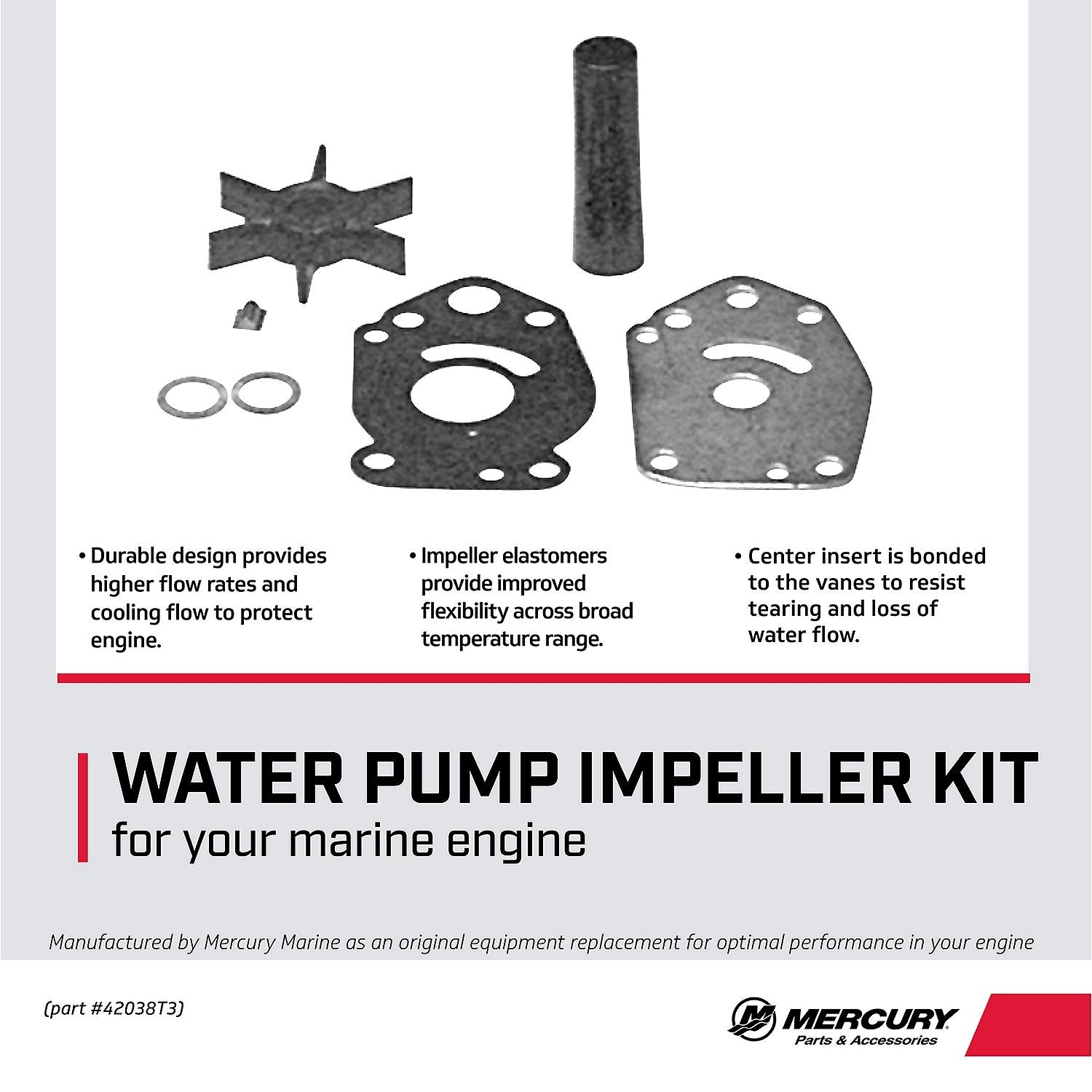 Mercury 42038T3 water pump repair kit for Mercury and Mariner 6HP to 15HP TwoStroke and FourStroke outboards facts