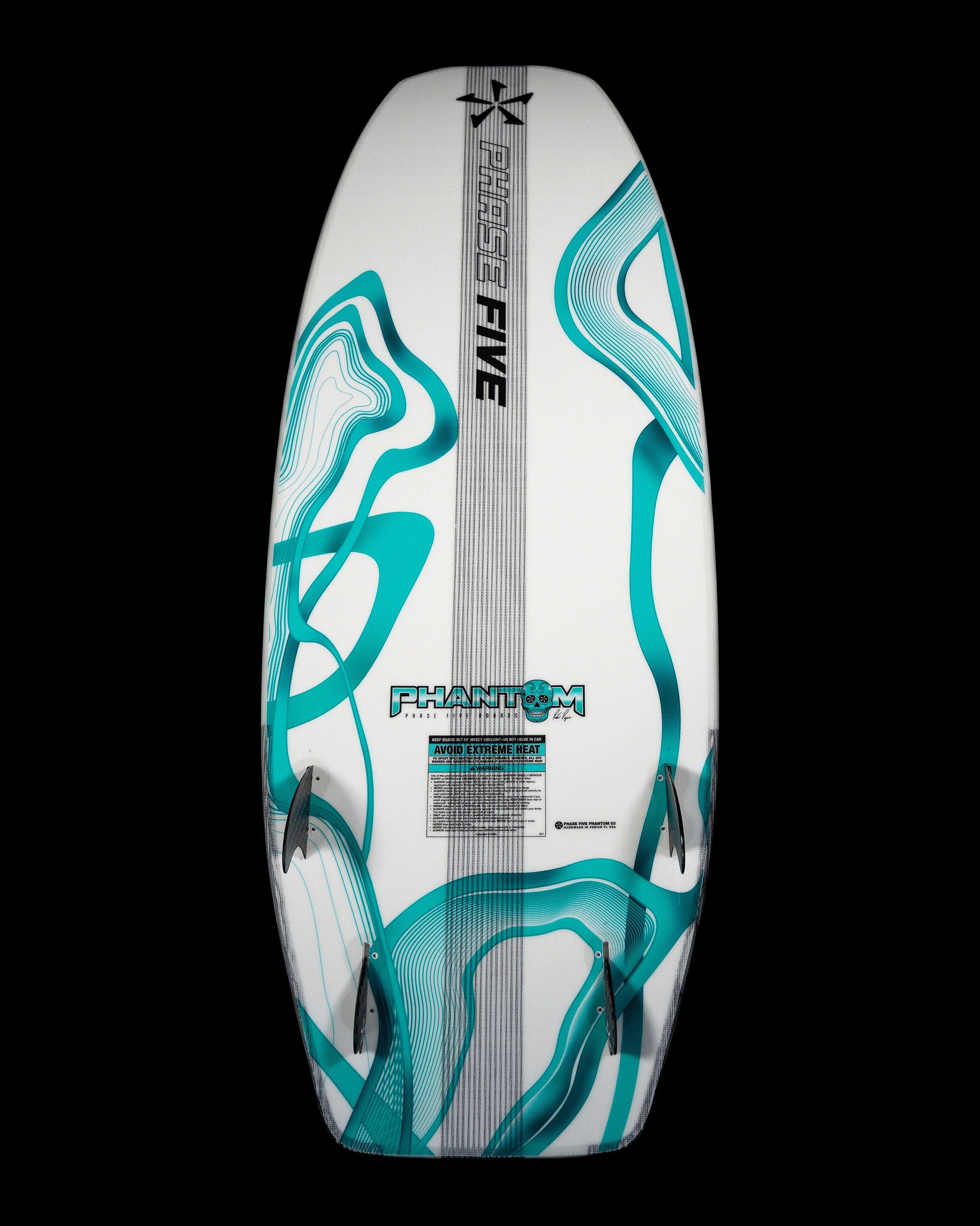 Phase Five Phantom 57 wakesurf board by Parker Payne with quad fin setup and surf style shape Bottom