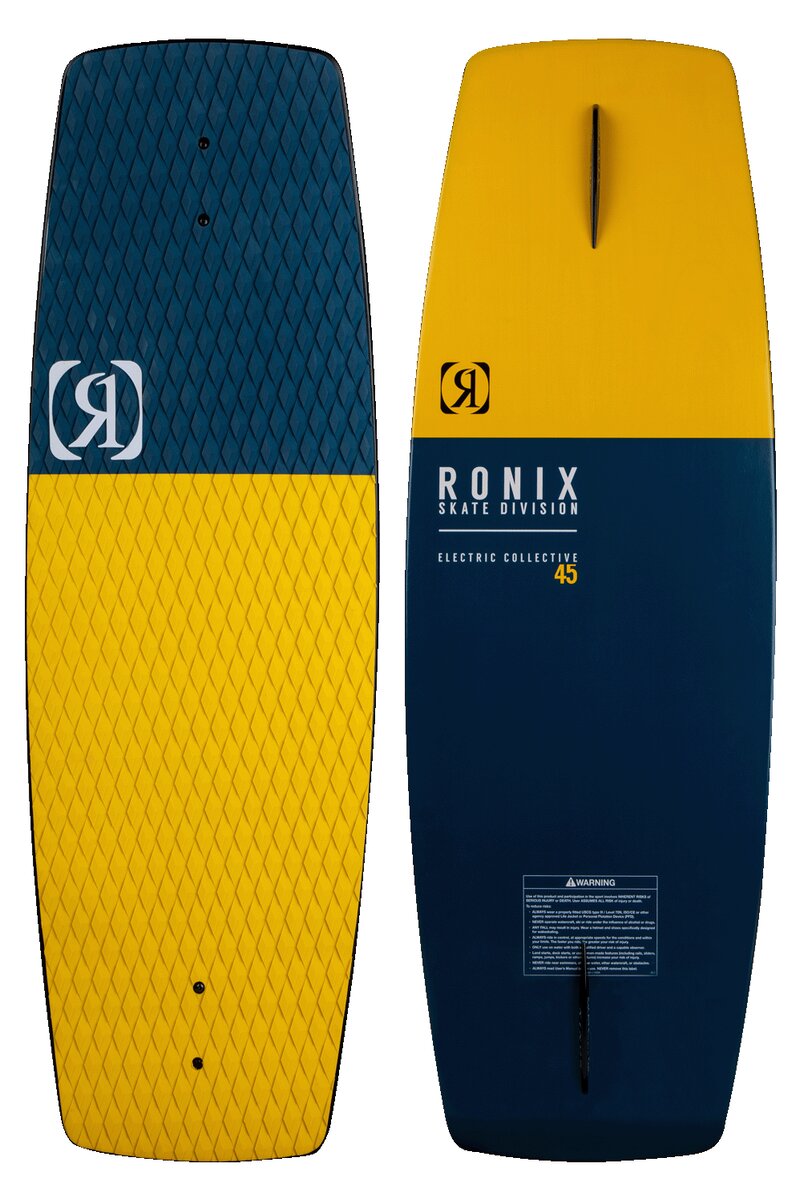 Ronix Electric Collective 45-inch wakeskate in navy and mustard colorway Both