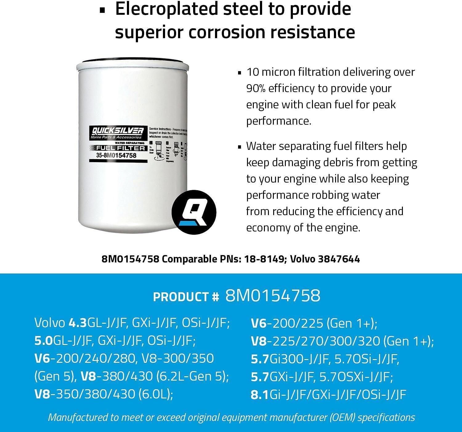 Quicksilver Mercury Water Separating Fuel Filter - Volvo 50-430hp, 10 micron, 90 GPH, 115 mm height - Long; Replaces Volvo 3847644, Sierra 18-8149 8M0154758