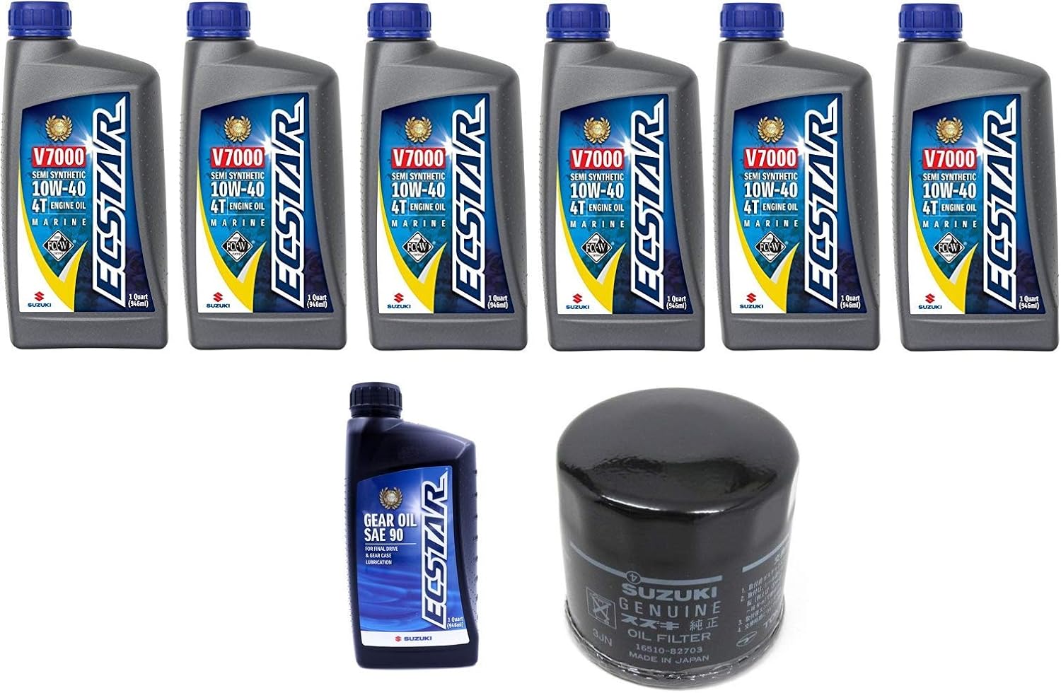 Suzuki DF140A Oil Change Kit with 6 Qt ECSTAR 10W-40 Marine Oil, OEM Filter, and Gear Oil