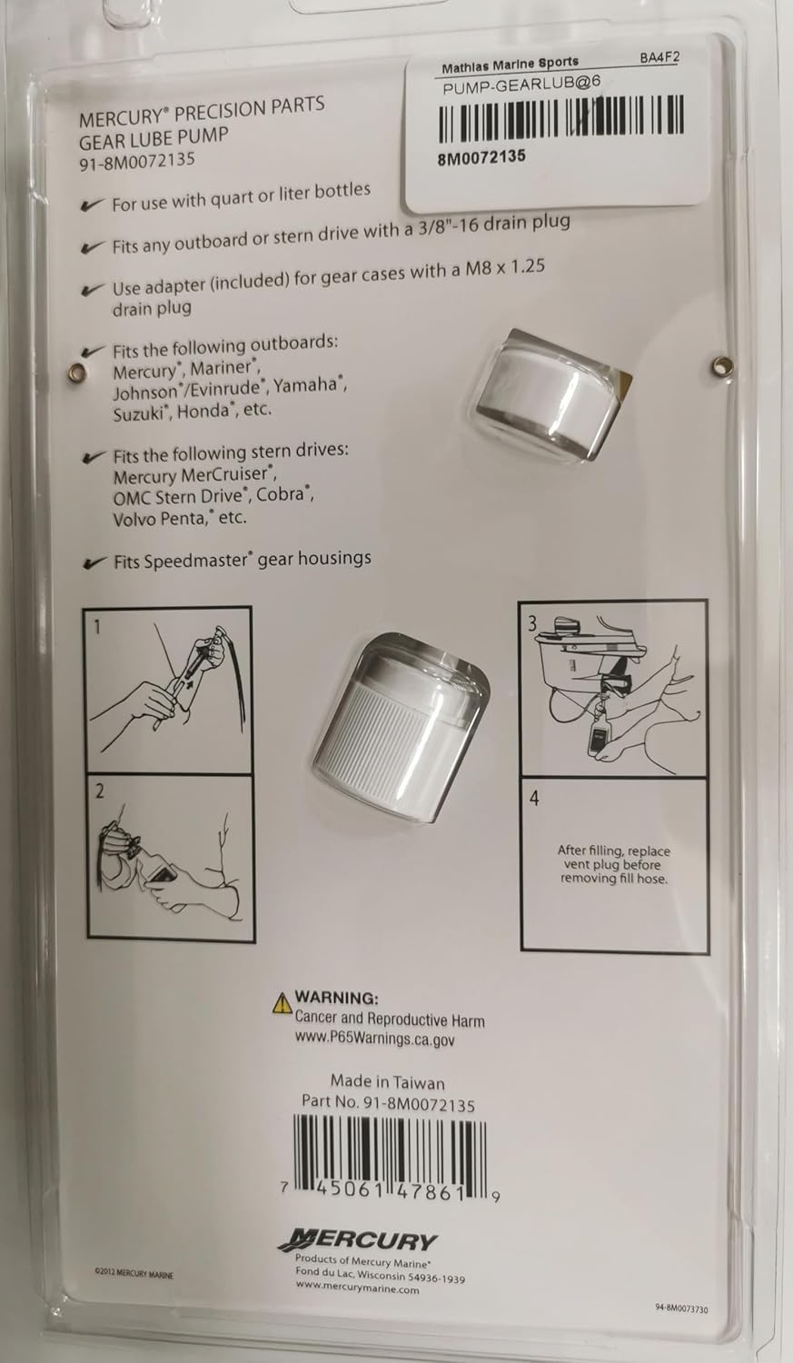 Mercury Quart Gear Lube Pump 8M0072135