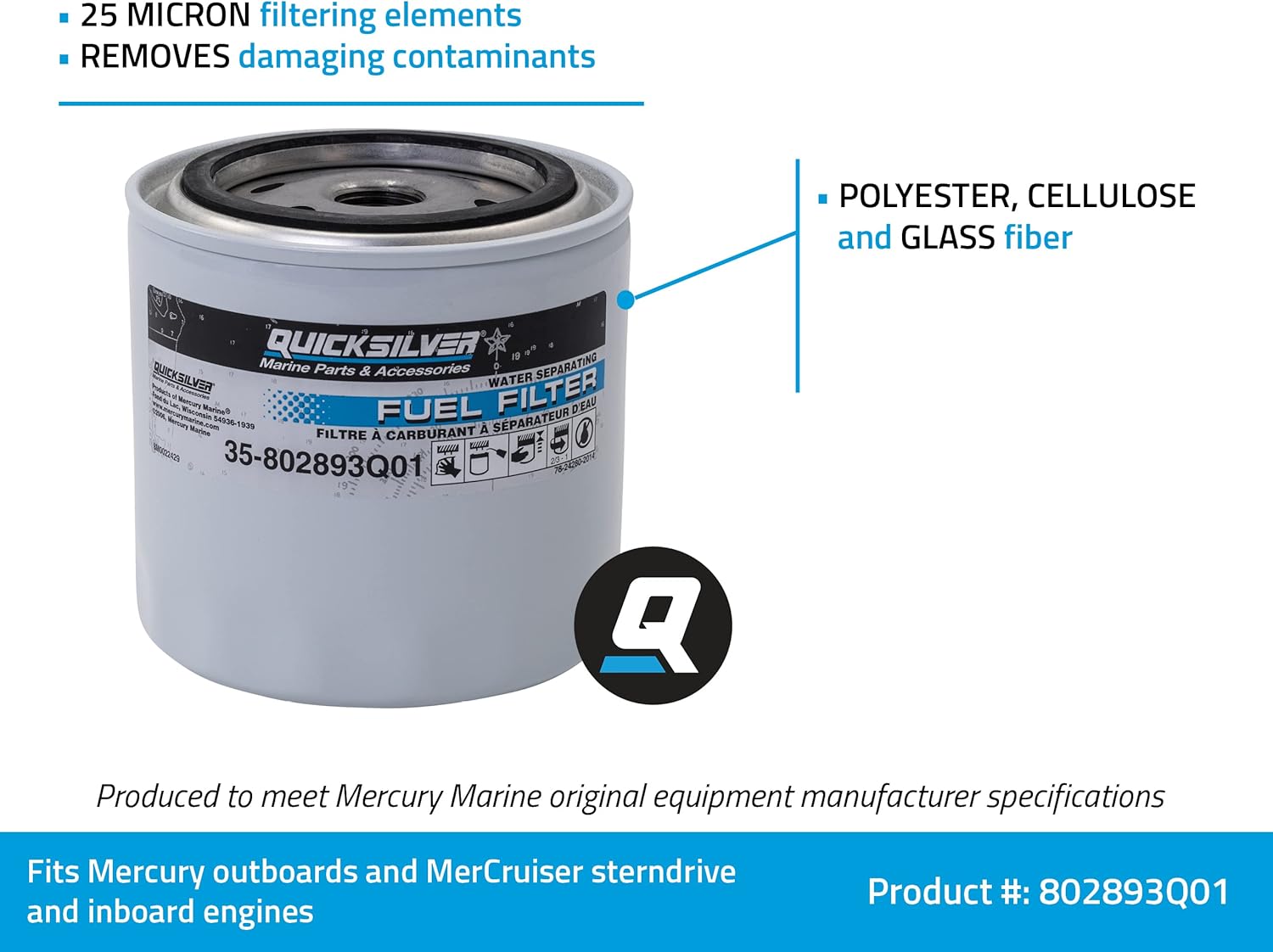 Quicksilver water separating fuel filter for Mercury outboards and MerCruiser engines 802893Q01 Details