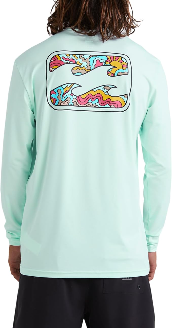 Billabong Men's Standard Crayon Wave Loose Fit Long Sleeve Rashguard, Seaglass- Small