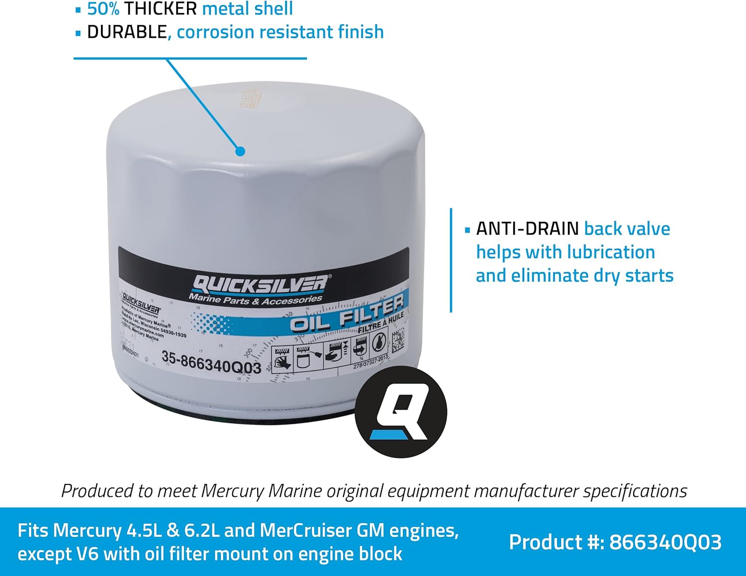 Quicksilver by Mercury Marine 866340Q03 Oil Filter, MerCruiser Sterndrive and Inboard Engines