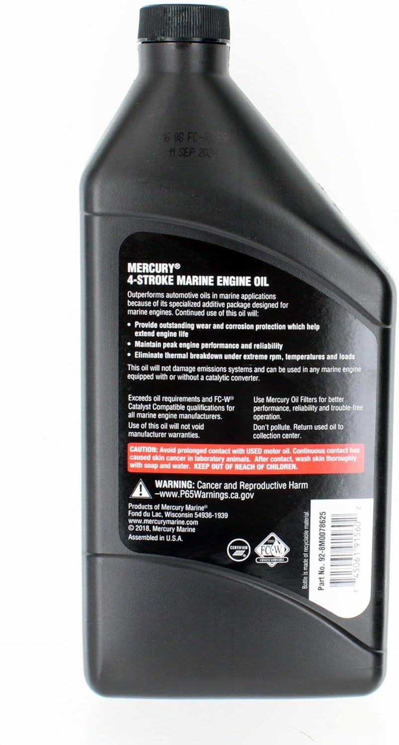 Mercury 8M0078625 10W-30 4-Stroke Marine Engine Oil, 1-Quart Bottle Back