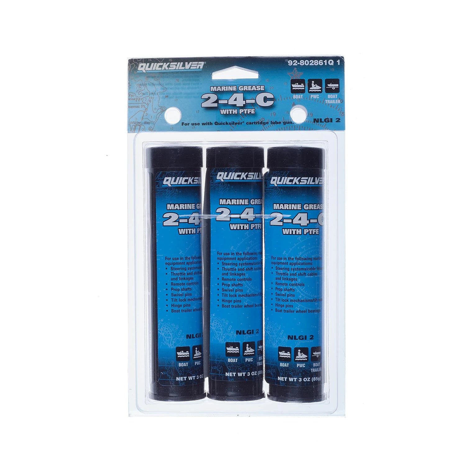 Quicksilver 2-4-C Marine Grease with PTFE 3 oz cartridge, front label package (802861Q1)