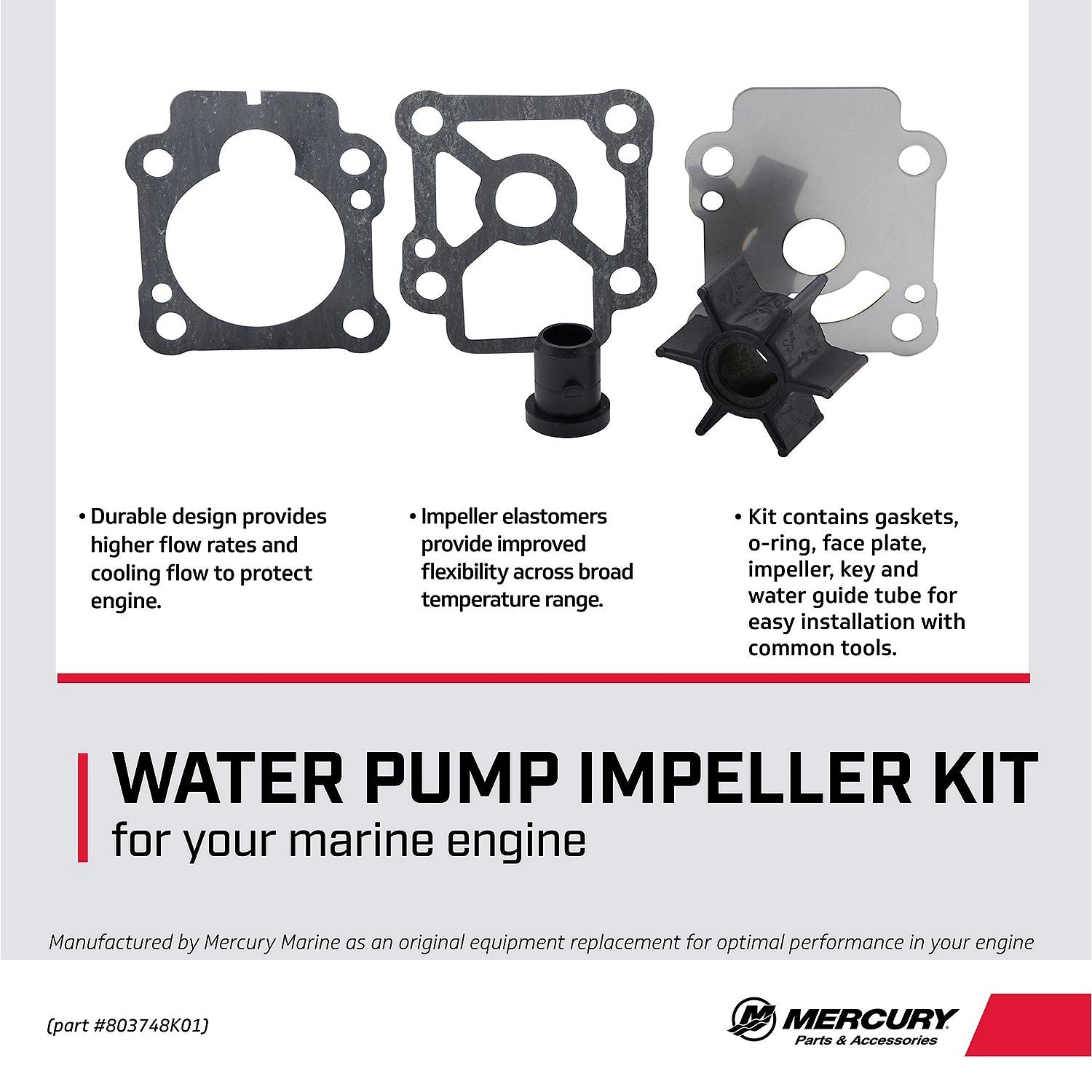 Mercury 803748K01 water pump impeller repair kit for 8 and 9.9HP FourStroke outboards model year 2005 and newer Facts