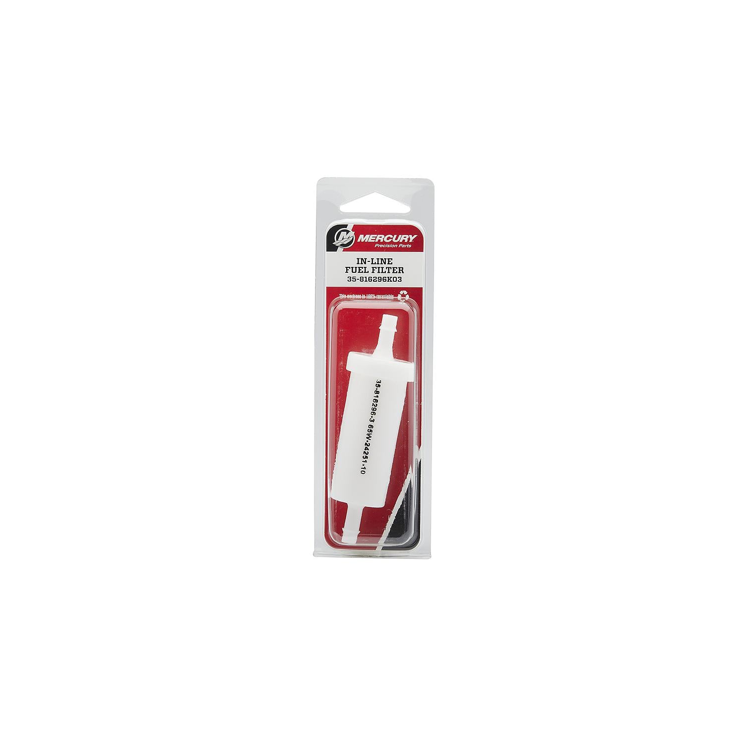 Mercury 816296K03 inline fuel filter for Mercury and Mariner 8-15HP FourStroke 323cc outboards with 1/4-inch hose Box Front