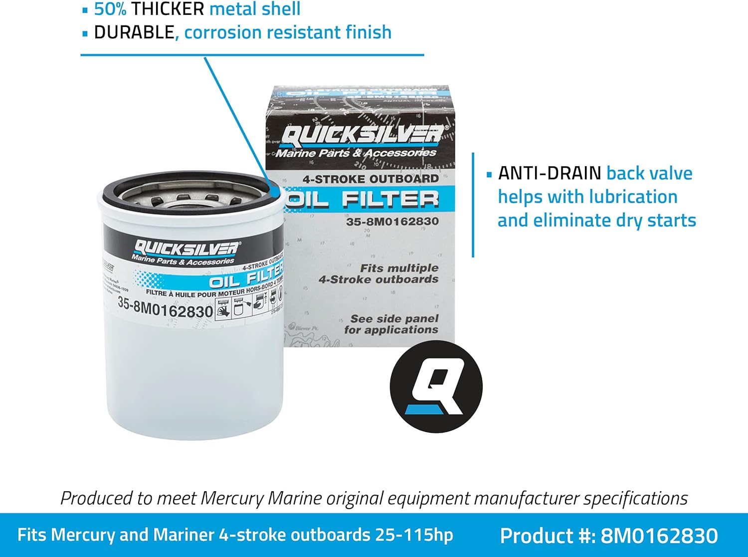 Quicksilver by Mercury Marine 8M0162830 Oil Filter for Mercury and Mariner 4-Stroke Outboards 25-115hp
