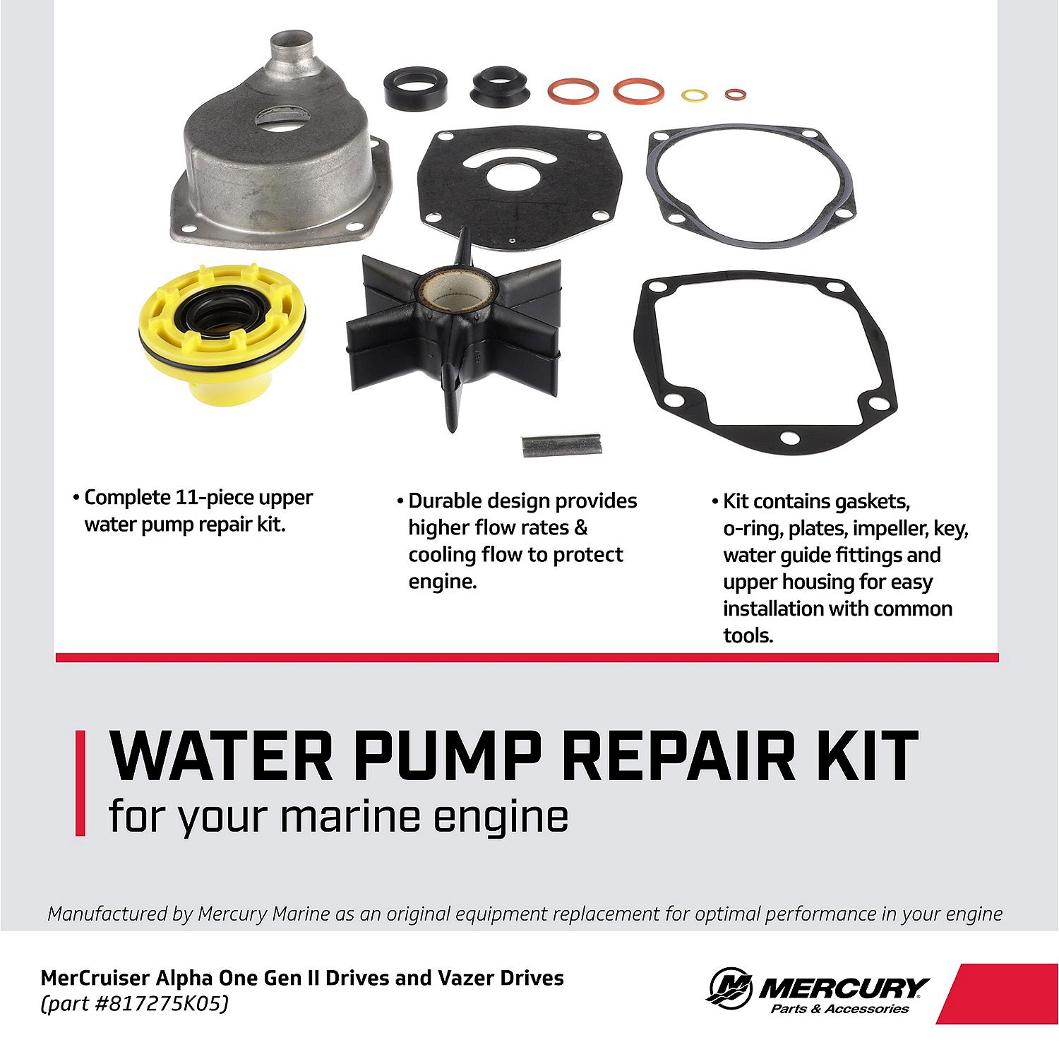 Mercury 817275K05 upper water pump repair kit for MerCruiser Alpha One Gen II sterndrives Facts