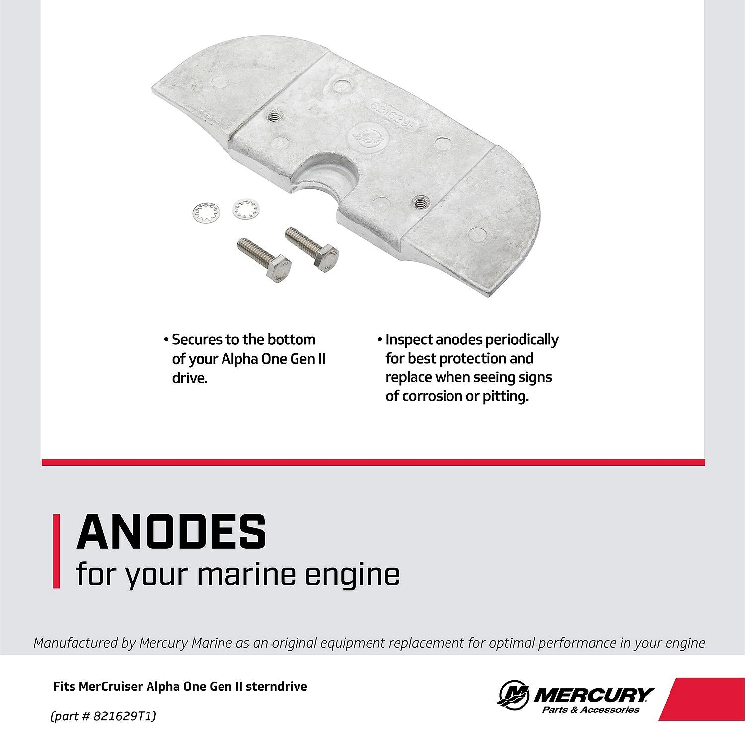 Mercury 821629T1 aluminum drive shaft housing anode for MerCruiser Alpha One Gen II sterndrives Facts