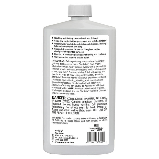 Star Brite 85732 Premium Marine Polish 32oz bottle with PTEF for fiberglass and metal protection bottle back.