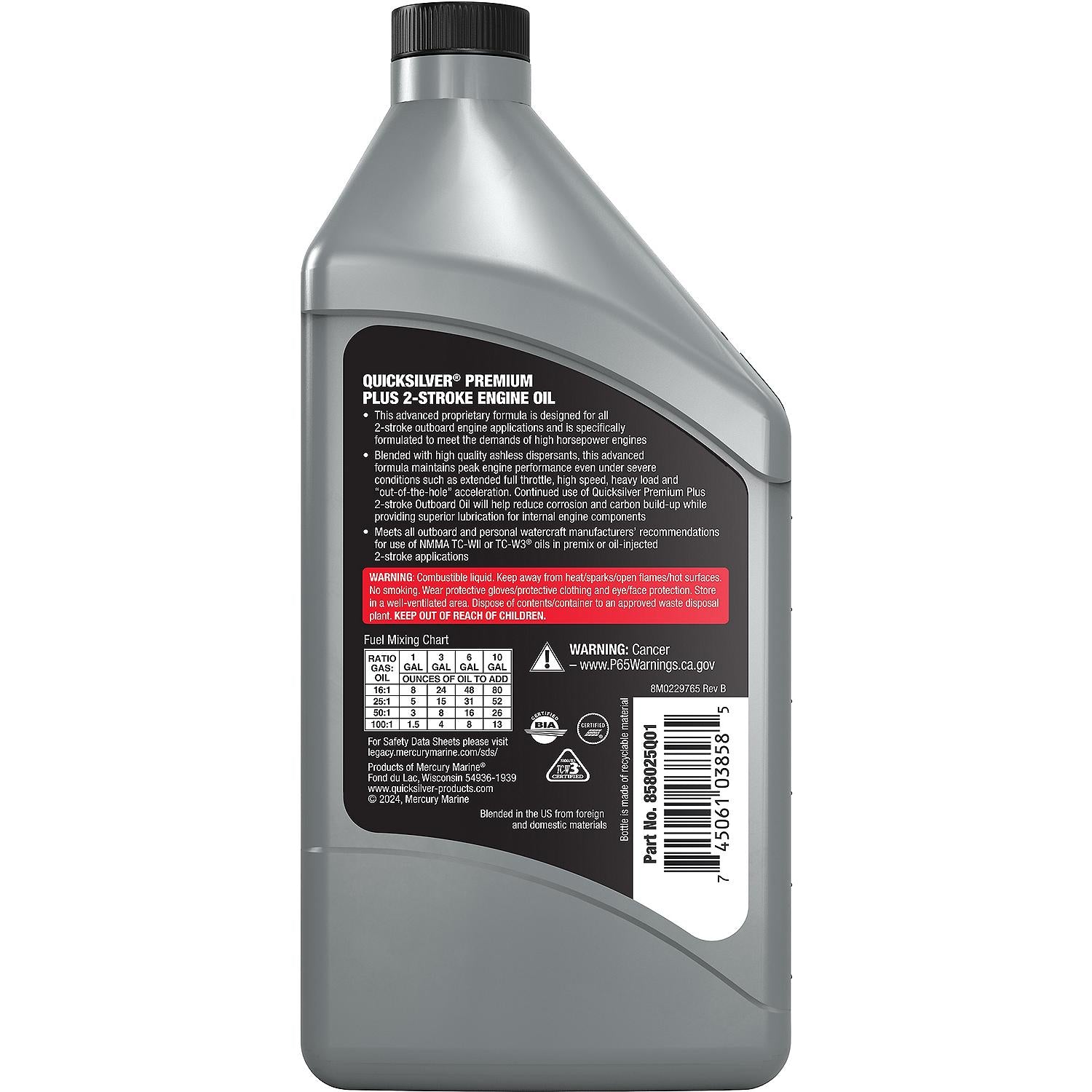 Quicksilver 858025Q01 Premium Plus 2-Stroke Synthetic Blend Marine Engine Oil 16oz Bottle back