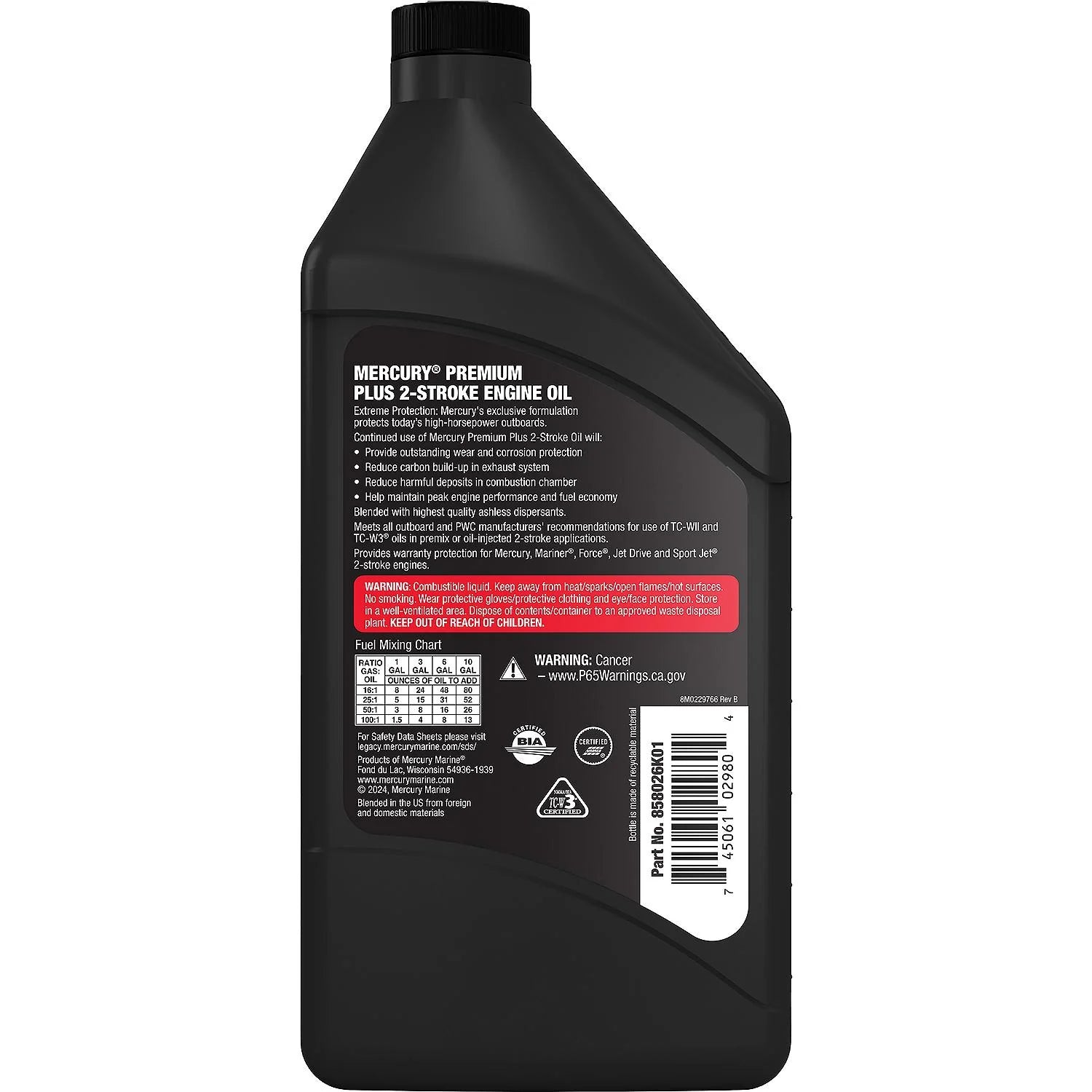 Mercury Premium Plus TC-W3 2-Stroke Marine Engine Oil, 1-Quart Bottle (858026K01) Back