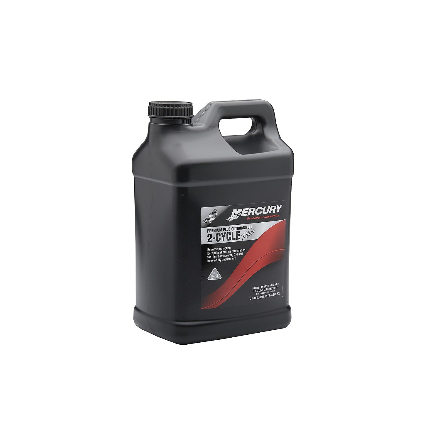 Mercury Precision 858028K01 Premium Plus 2-Stroke Synthetic Blend Marine Engine Oil 2.5 Gallon Container left angle