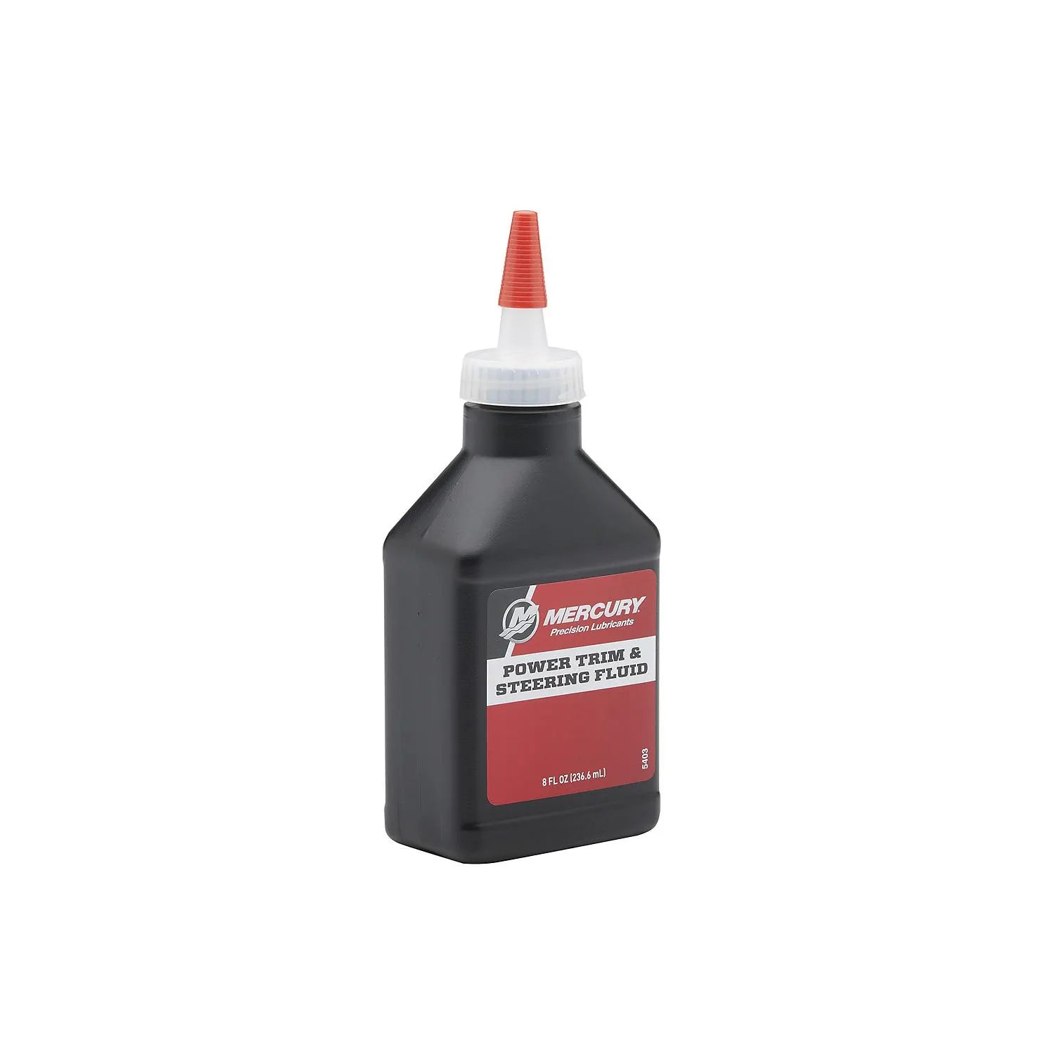 Mercury 858074K01 Power Trim and Steering Fluid 8oz for outboard and sterndrive hydraulic systems left angle