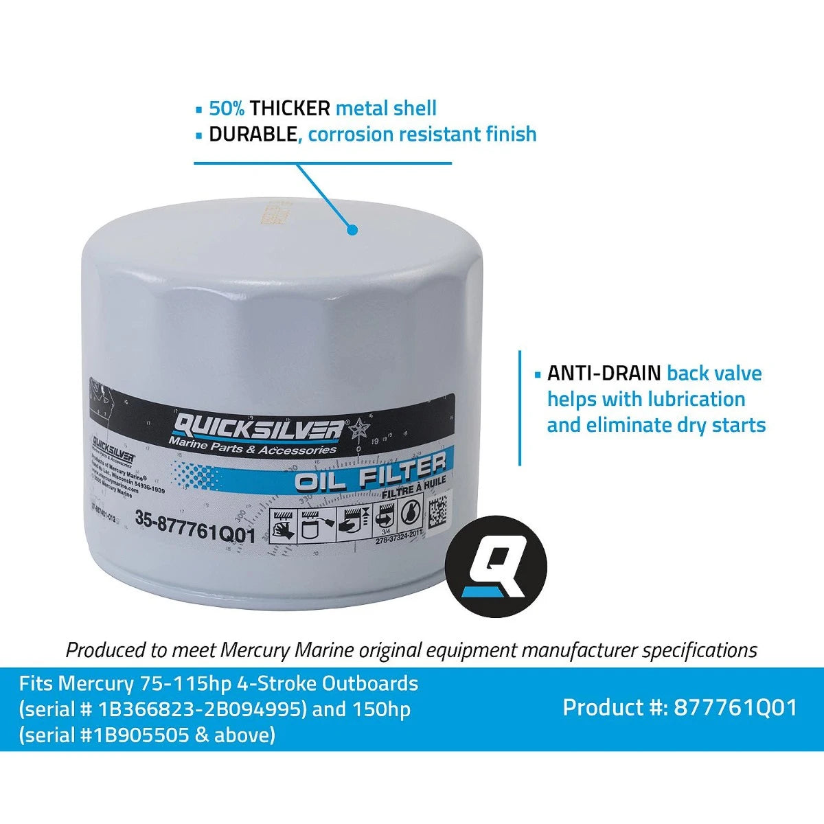 Quicksilver by Mercury Marine 877761Q01 Oil Filter for Select Mercury and Mariner 75-115hp Outboards and 150hp EFI 4-Stroke Outboards