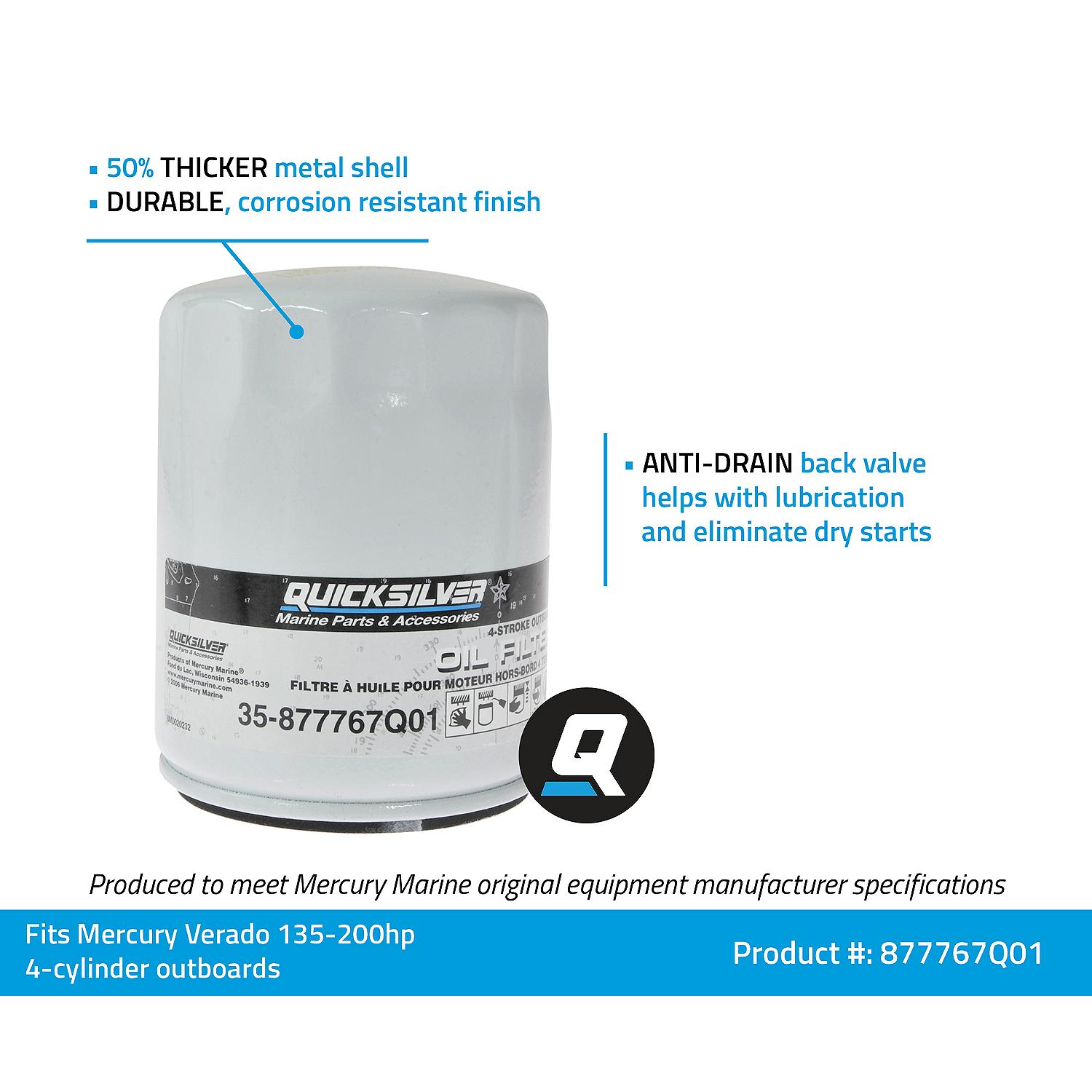 Quicksilver 877767Q01 oil filter for Verado 135-200HP inline 4-cylinder outboards facts