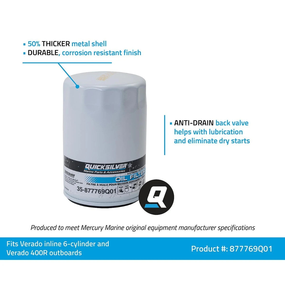 Quicksilver 877769Q01 Oil Filter for Mercury Verado Six-Cylinder Outboards