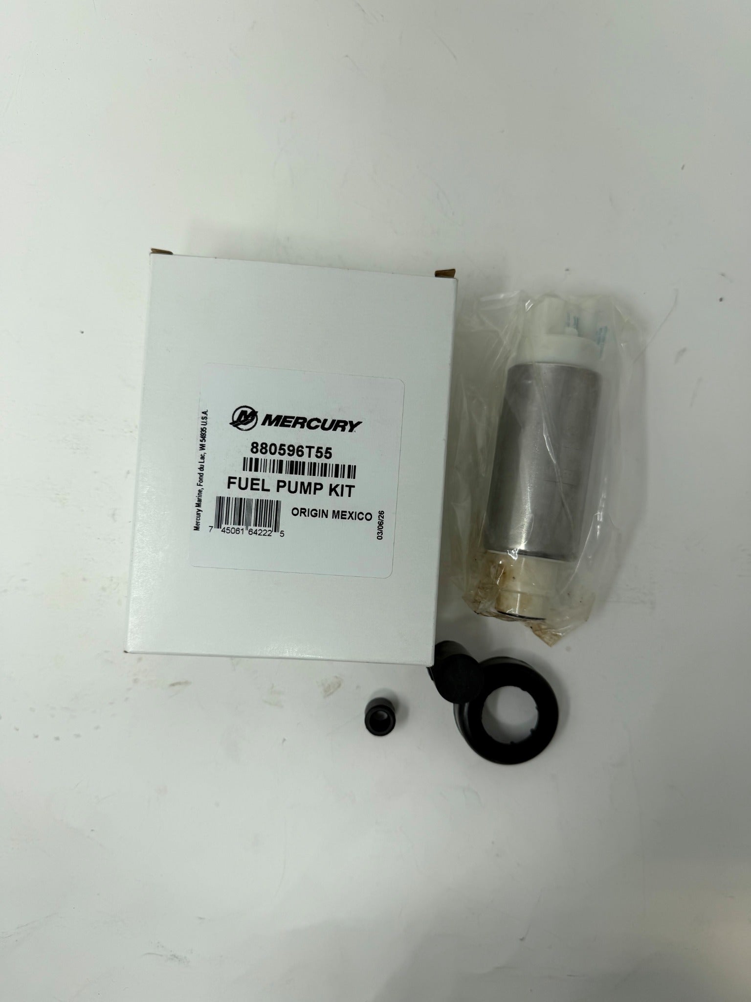 Mercury 880596T55 fuel pump kit top view showing boxed part number