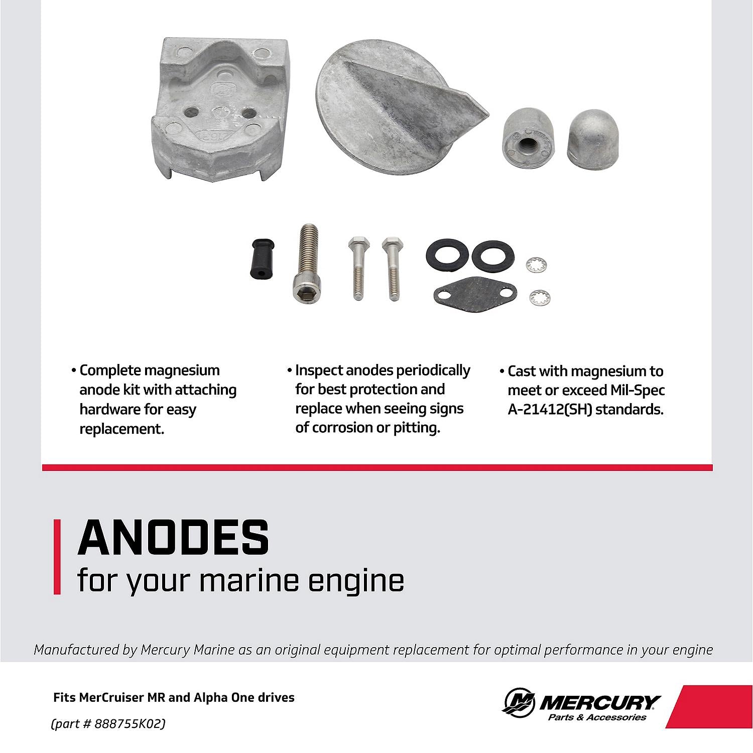 Mercury 888755K02 magnesium anode kit for MerCruiser MR and Alpha One drives with installation hardware Facts