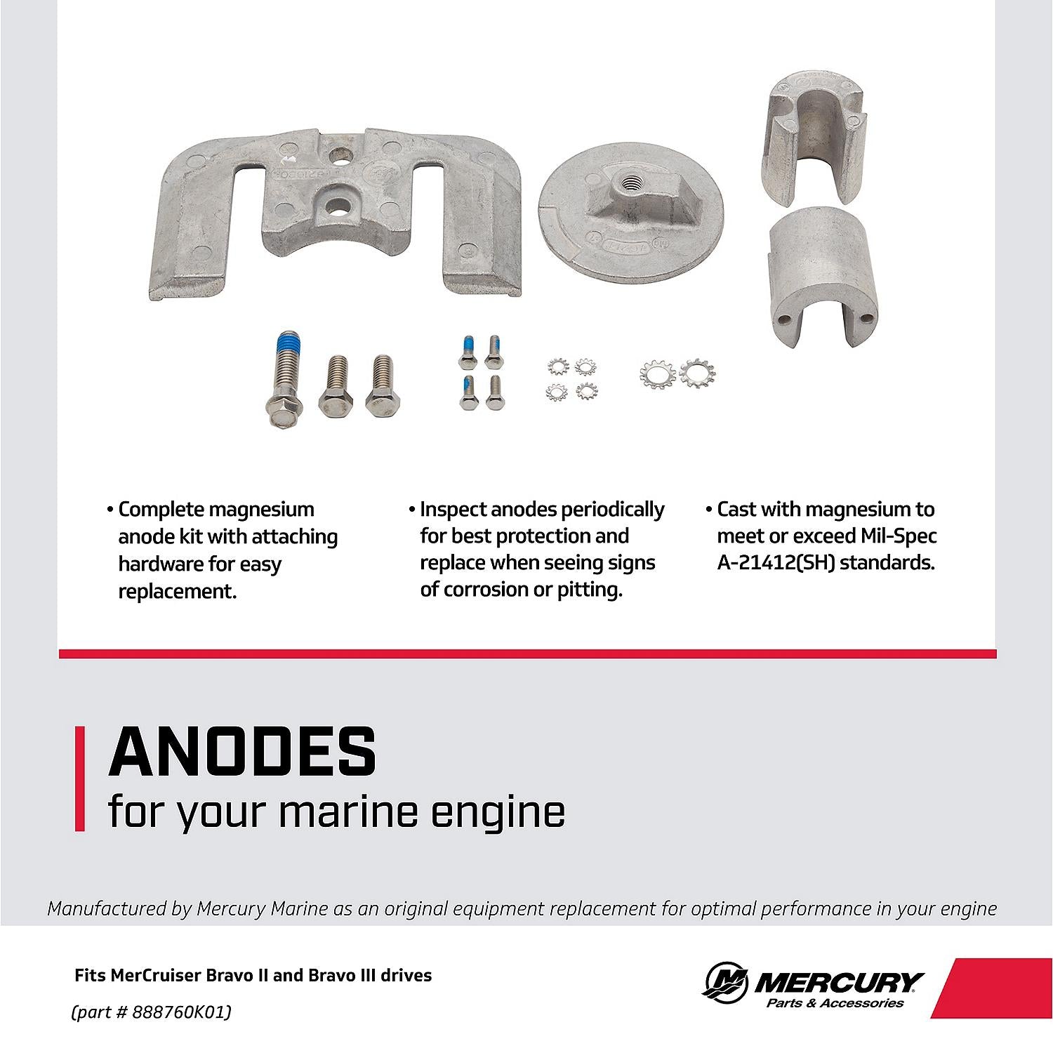 Mercury 888760K01 magnesium anode kit for select MerCruiser Bravo II and Bravo III sterndrives Facts