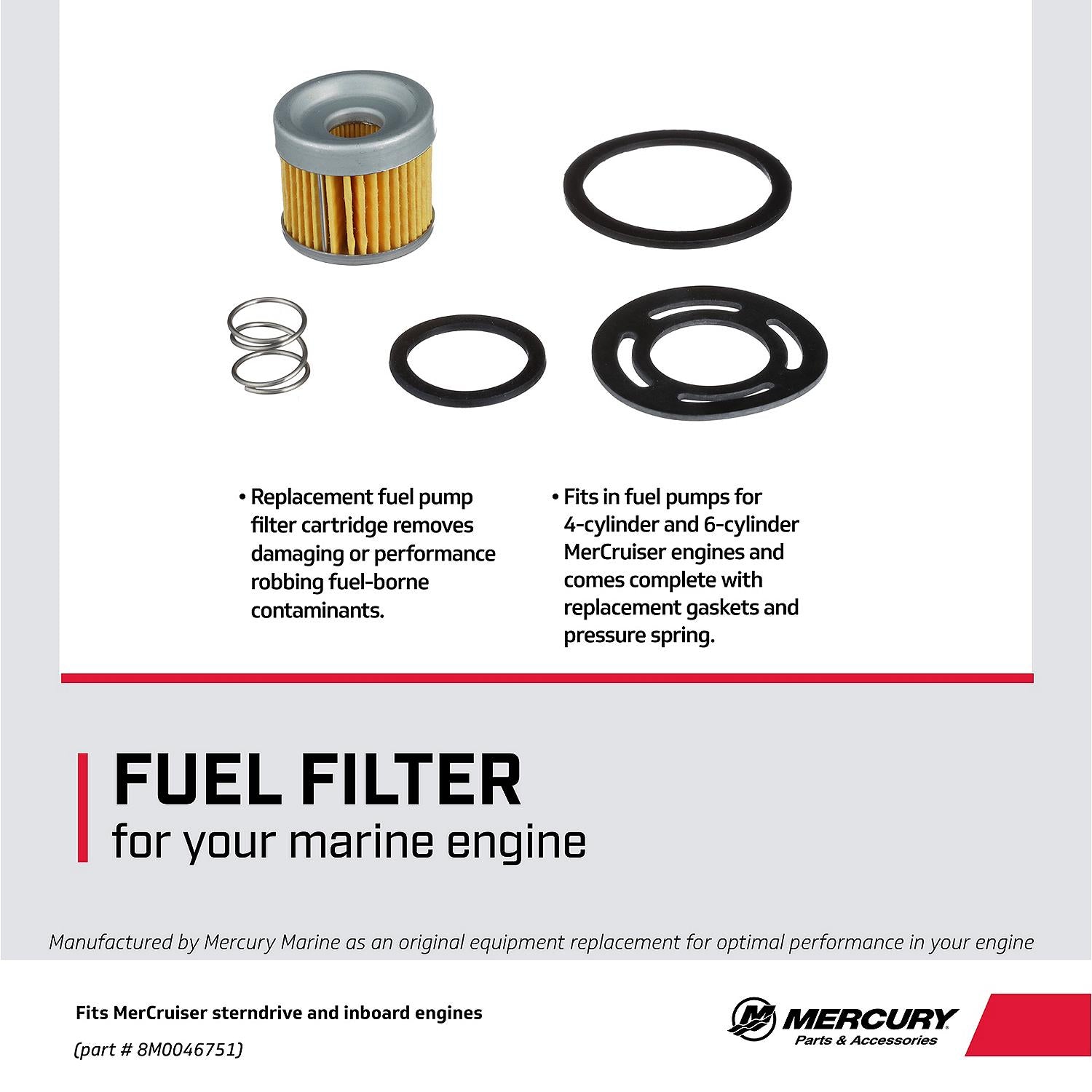 Mercury Precision 8M0046751 fuel pump filter for gasoline MerCruiser 2.5L 3.0L 3.7L 3.8L and 4.3L sterndrive engines Facts