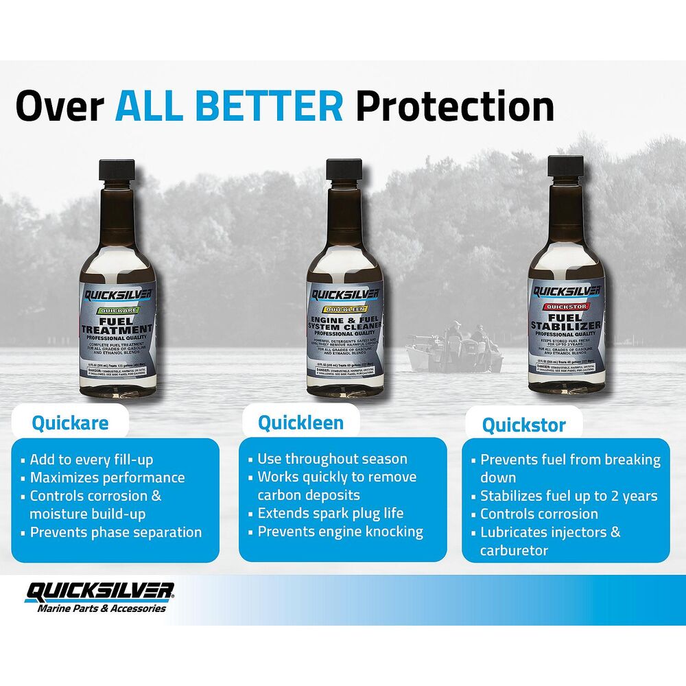 Quicksilver fuel treatment comparison showing Quickcare Quickleen and Quickstor; listing includes Quickstor only