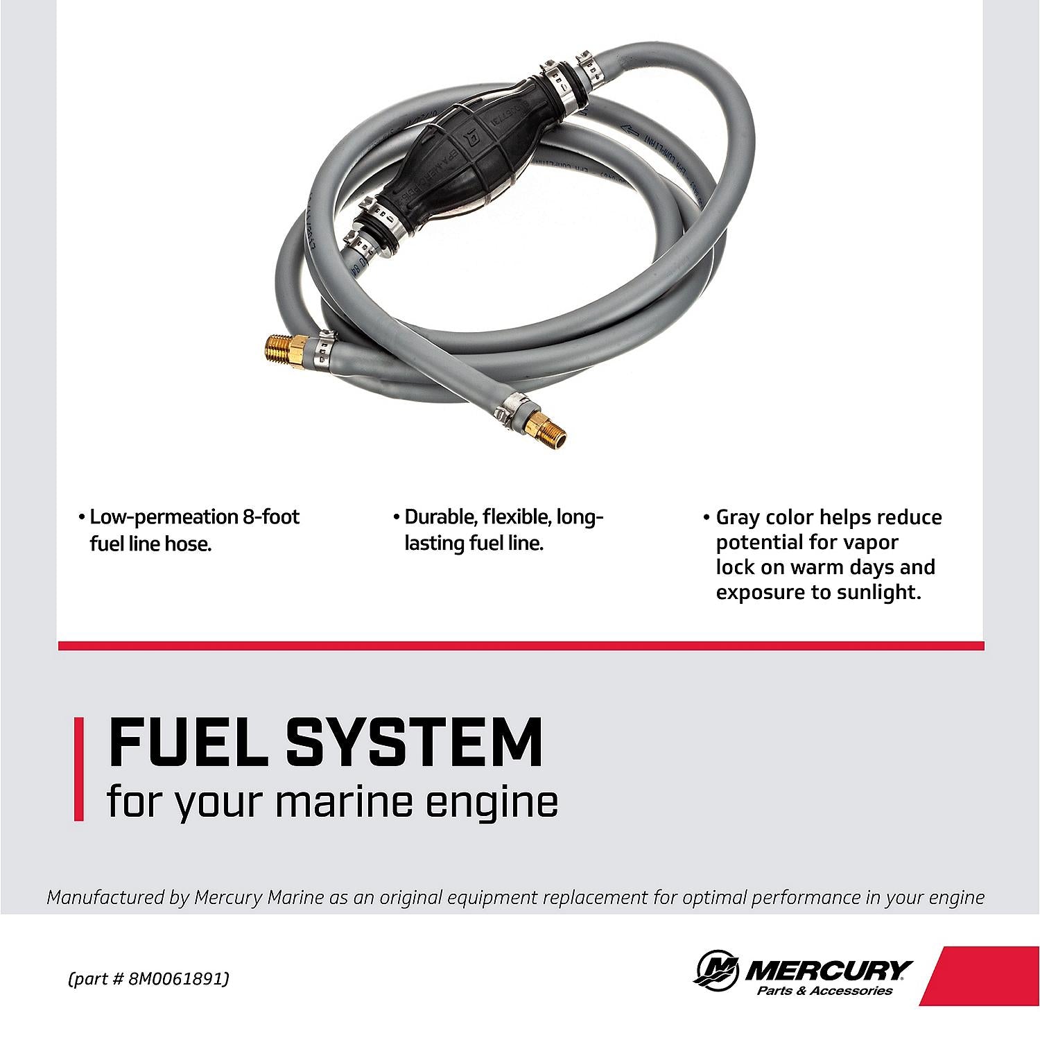 Mercury 8M0061891 8-foot 5/16-inch fuel line assembly with inline primer bulb and connectors facts