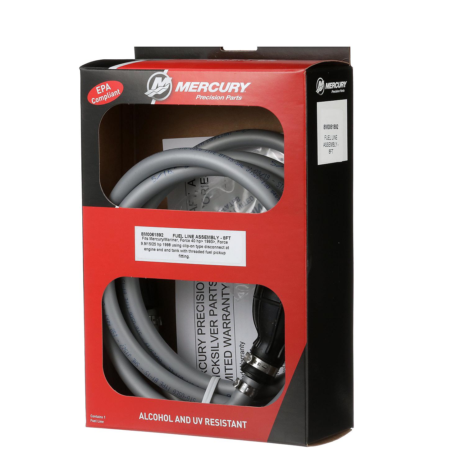 Mercury 8M0061892 fuel line assembly for select Mercury Mariner and Force outboards with clip-on disconnects Box