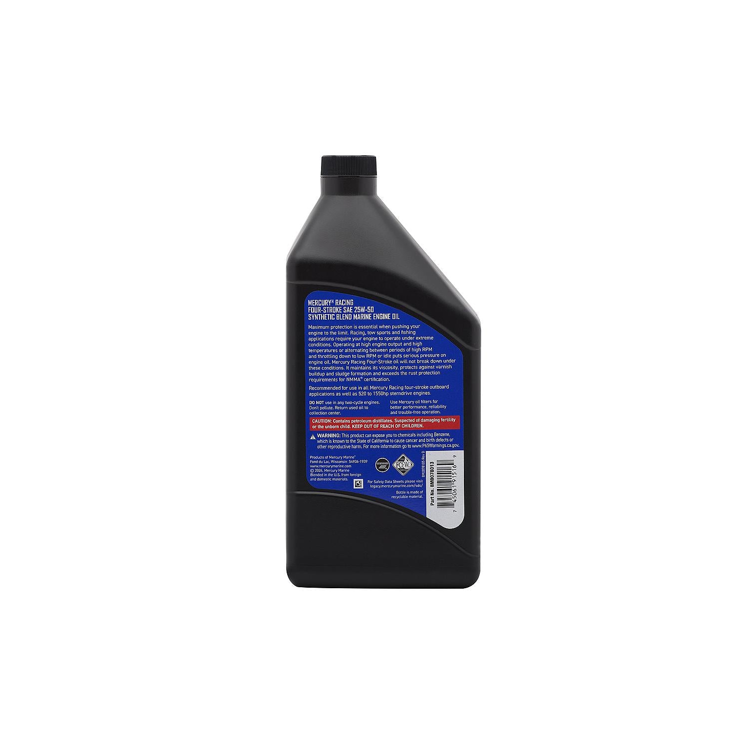 Mercury Racing 25W-50 4-stroke synthetic blend marine engine oil 1 quart 8M0078013 Back