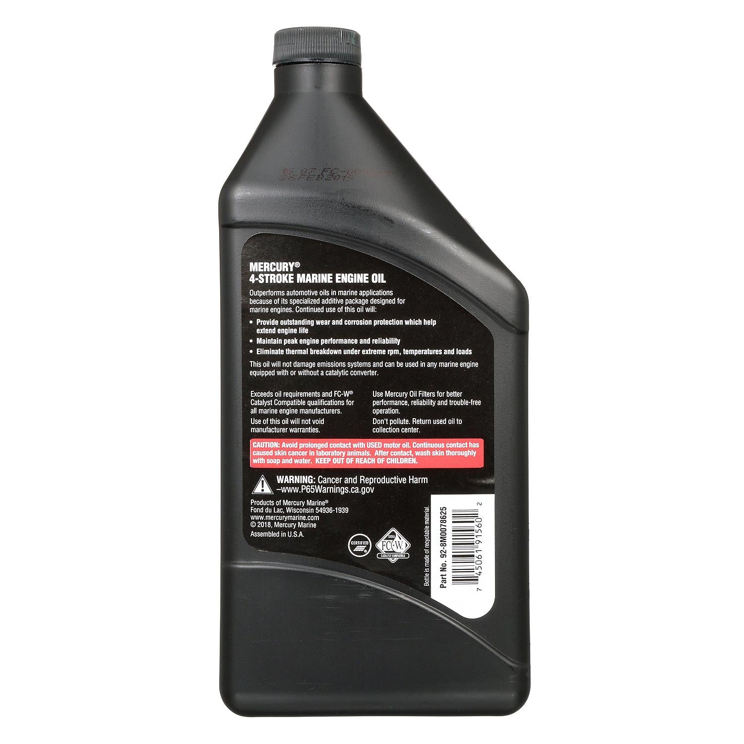 Mercury 10W-30 4-stroke mineral marine engine oil 1 quart for four-cycle outboard engines 8M0078625 Back