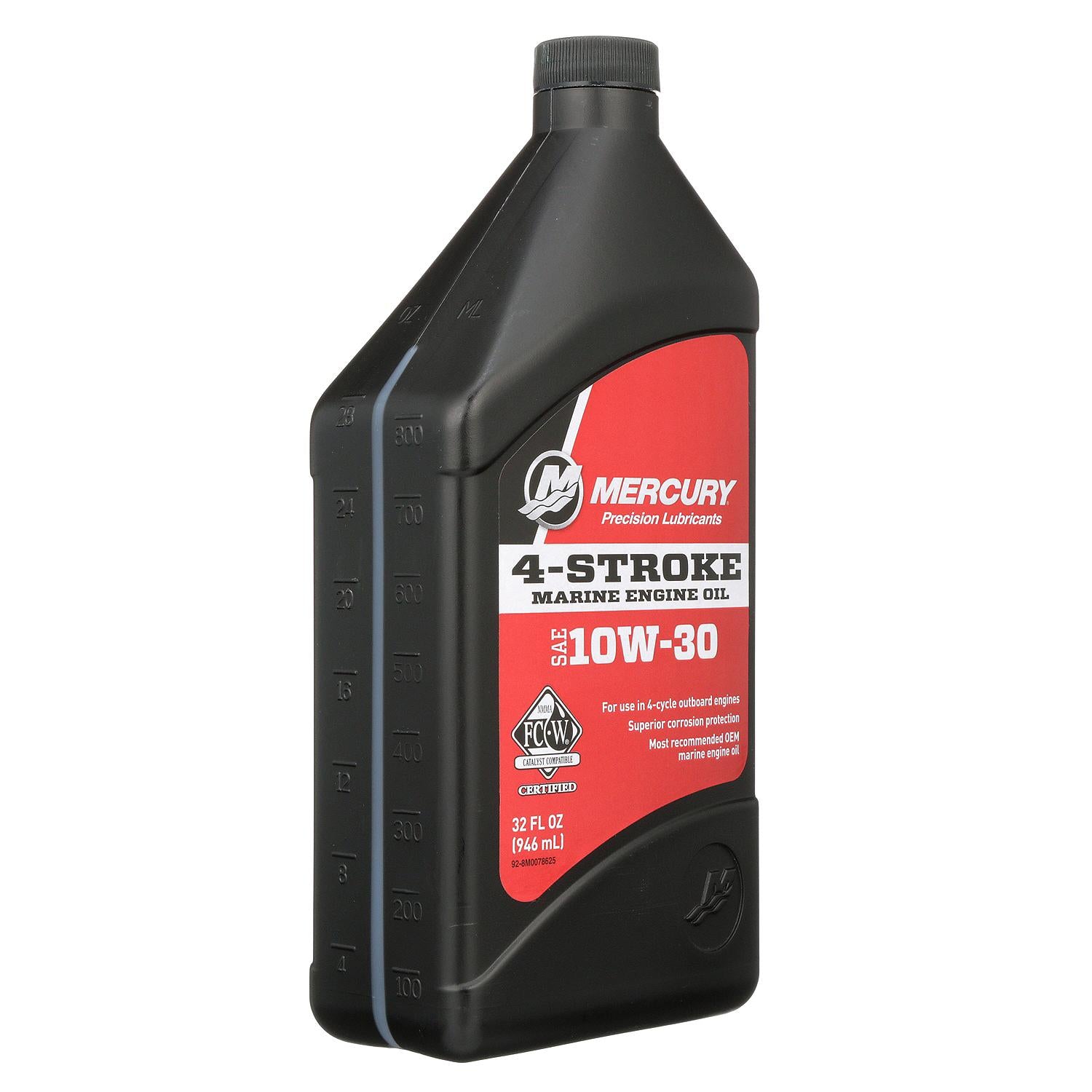 Mercury 10W-30 4-stroke mineral marine engine oil 1 quart for four-cycle outboard engines 8M0078625 Front Angle 2