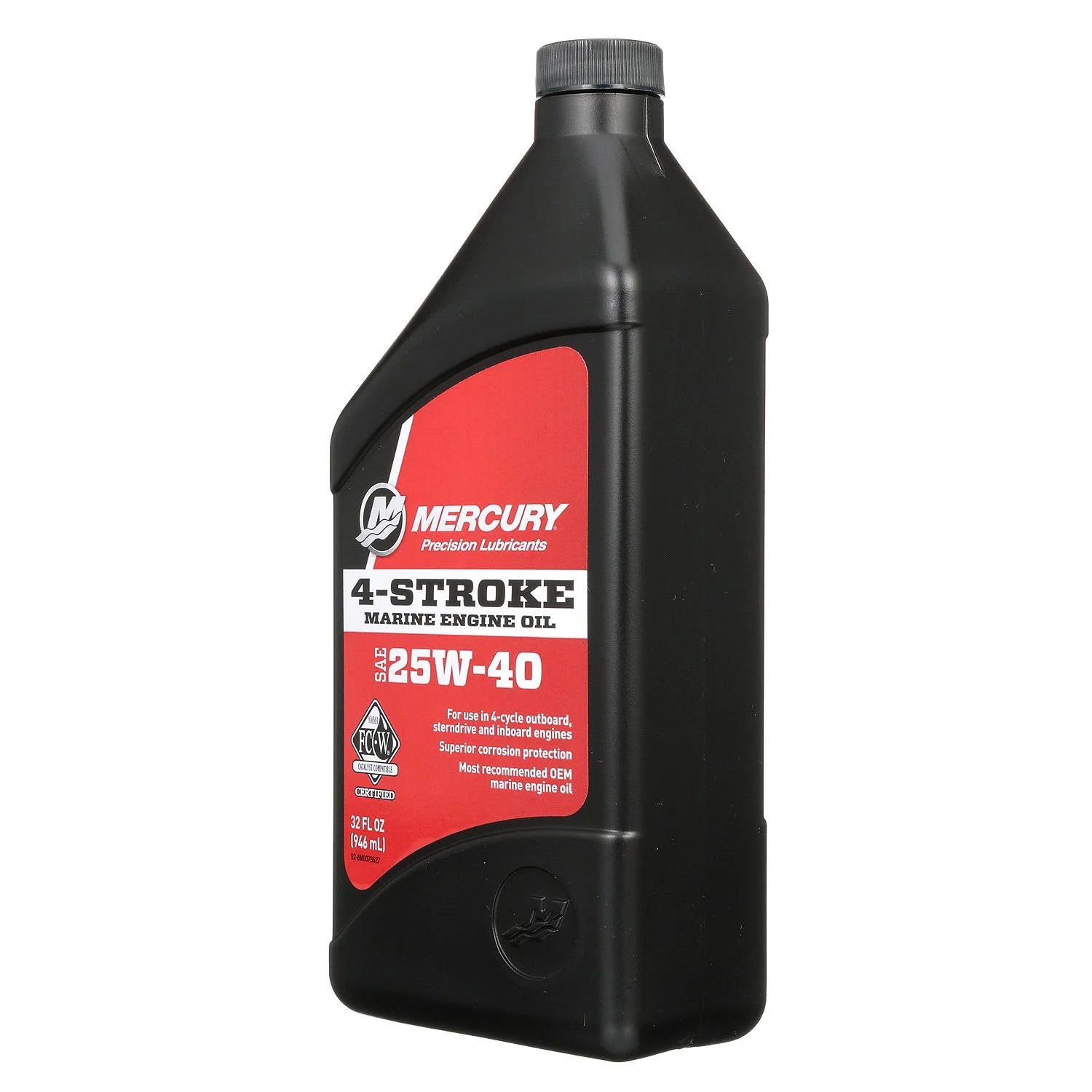 Mercury SAE 25W-40 4-Stroke Marine Engine Oil, 1-Quart Bottle (8M0078627) Left Angle