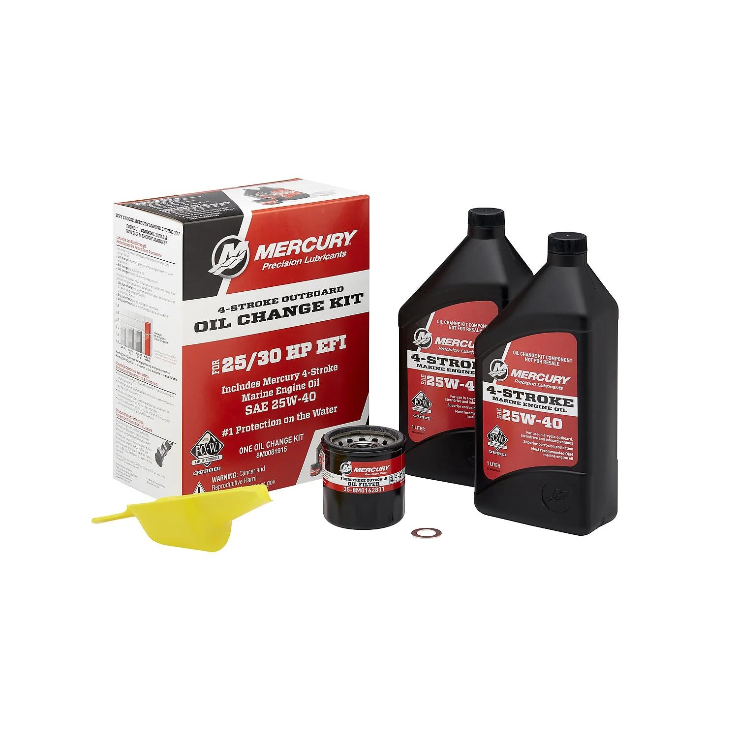 Mercury 8M0081915 25W-40 4-Stroke Outboard Oil Change Kit for 25/30HP EFI—2×1-L oil, filter, drain seal, drip tray, instructions with box