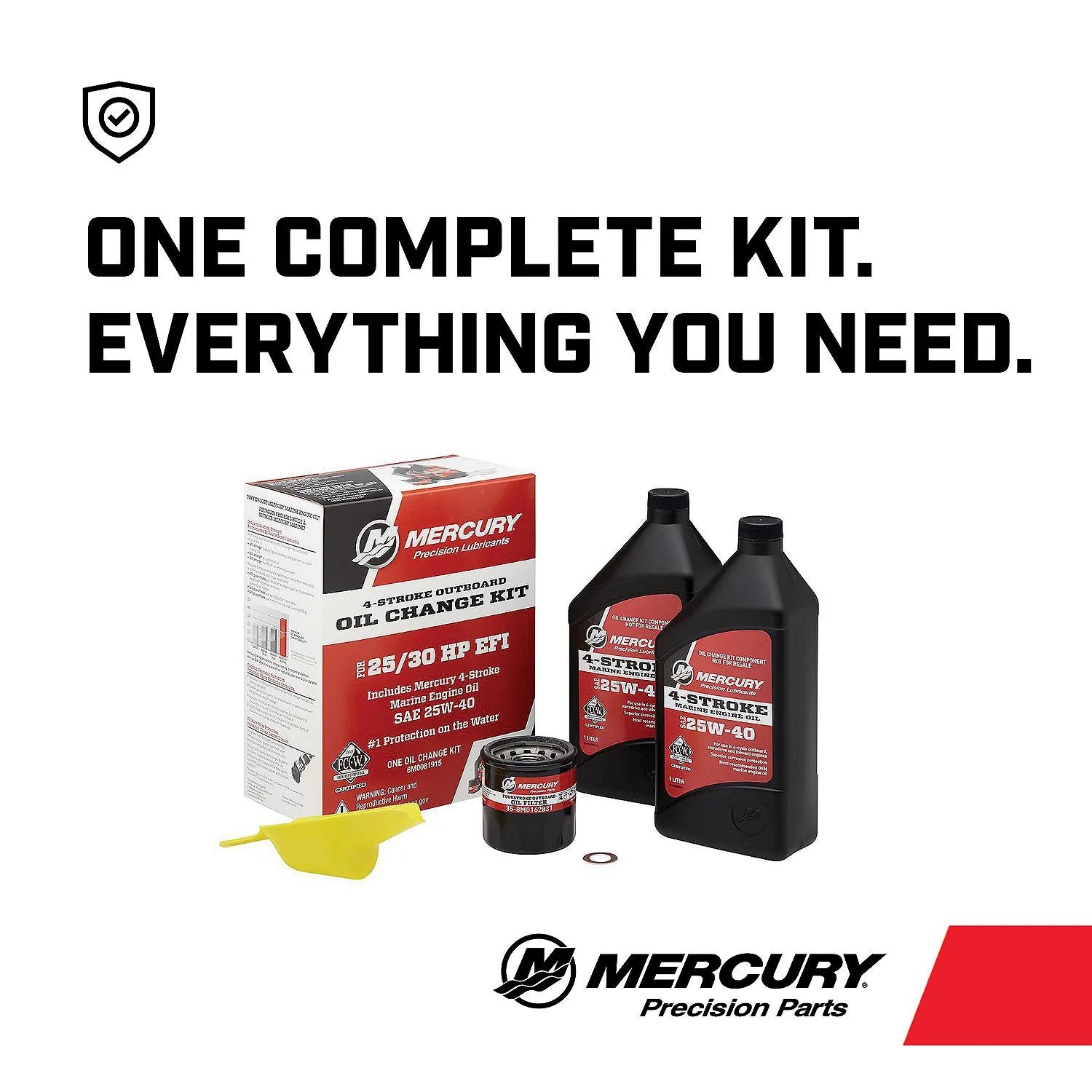 Mercury 8M0081915 25W-40 4-Stroke Outboard Oil Change Kit for 25/30HP EFI—2×1-L oil, filter, drain seal, drip tray, instructions All You Need