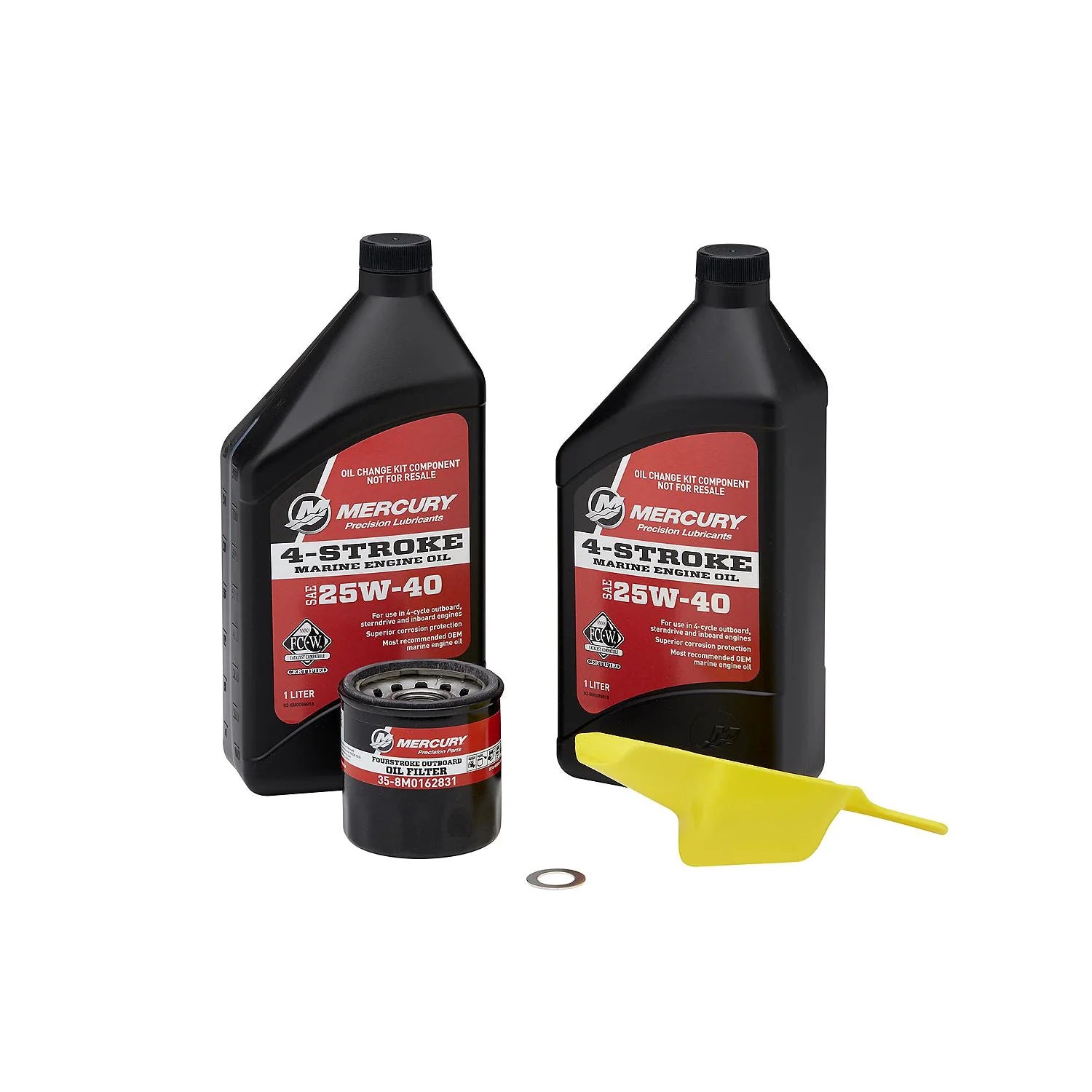 Mercury 8M0081915 25W-40 4-Stroke Outboard Oil Change Kit for 25/30HP EFI—2×1-L oil, filter, drain seal, drip tray, instructions