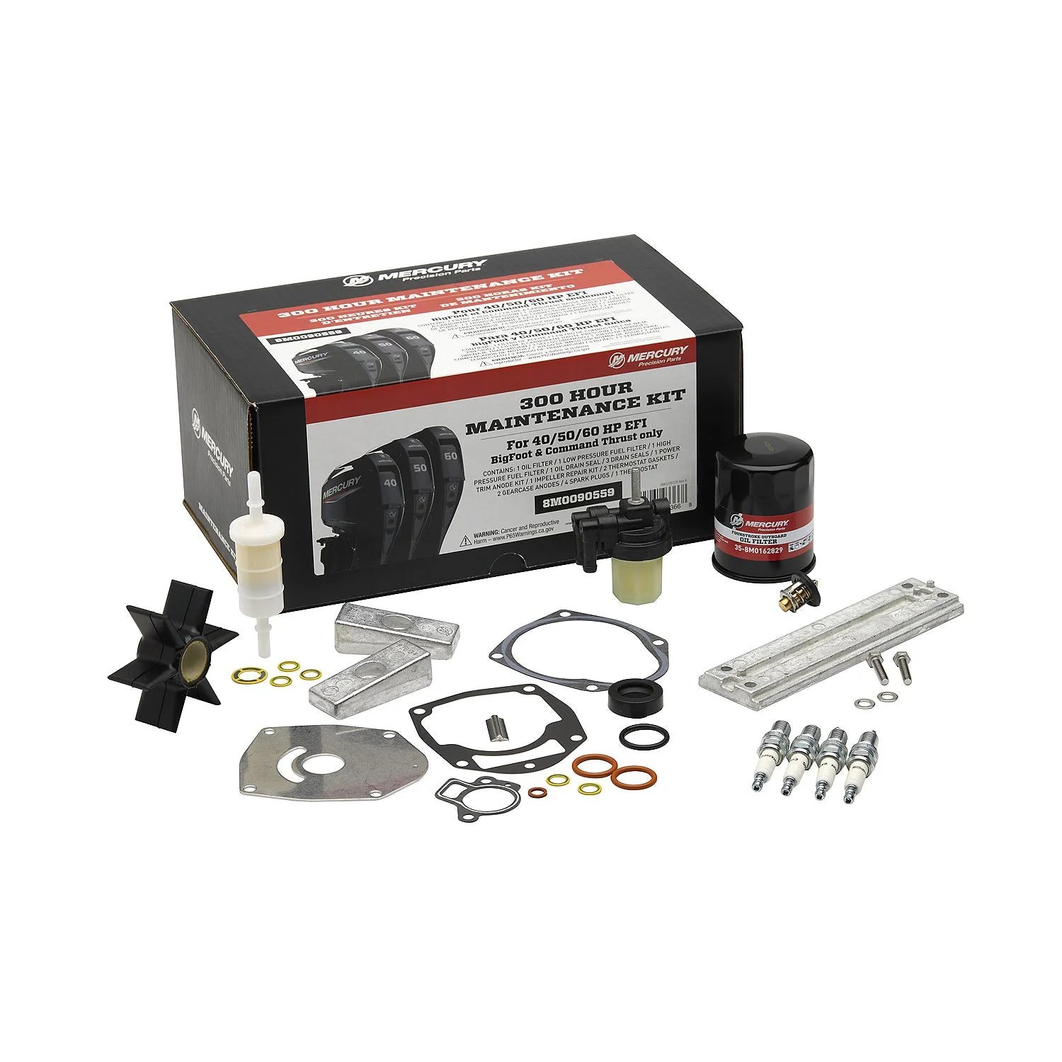 Mercury 8M0090559 300-hour maintenance kit for 40–60HP EFI Command Thrust/BigFoot—filters, impeller, anodes, seals, plugs, thermostat