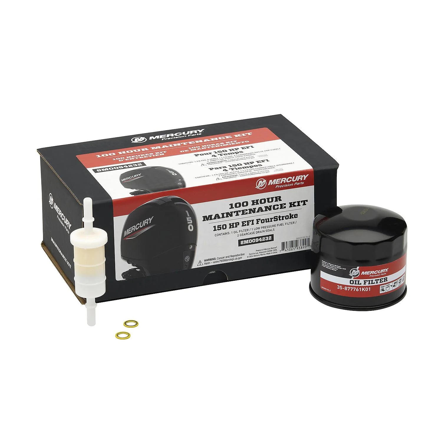 Mercury 8M0094232 100-hour maintenance kit for 150HP FourStroke EFI—oil filter, fuel filter, gearcase drain seal With Box