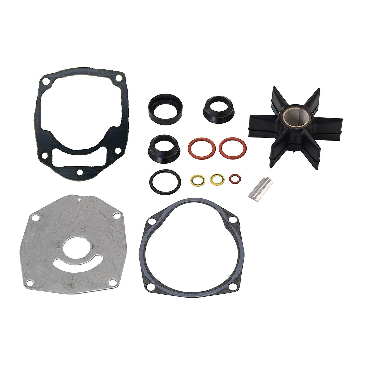 Quicksilver 8M0100526 15-piece water pump repair kit including impeller, gaskets, and plate for Mercury outboards and Alpha One Gen II drives.