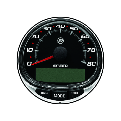 Mercury 8M0135631 SmartCraft SC1000 80 MPH speedometer with black face, glass lens, and digital LCD display.