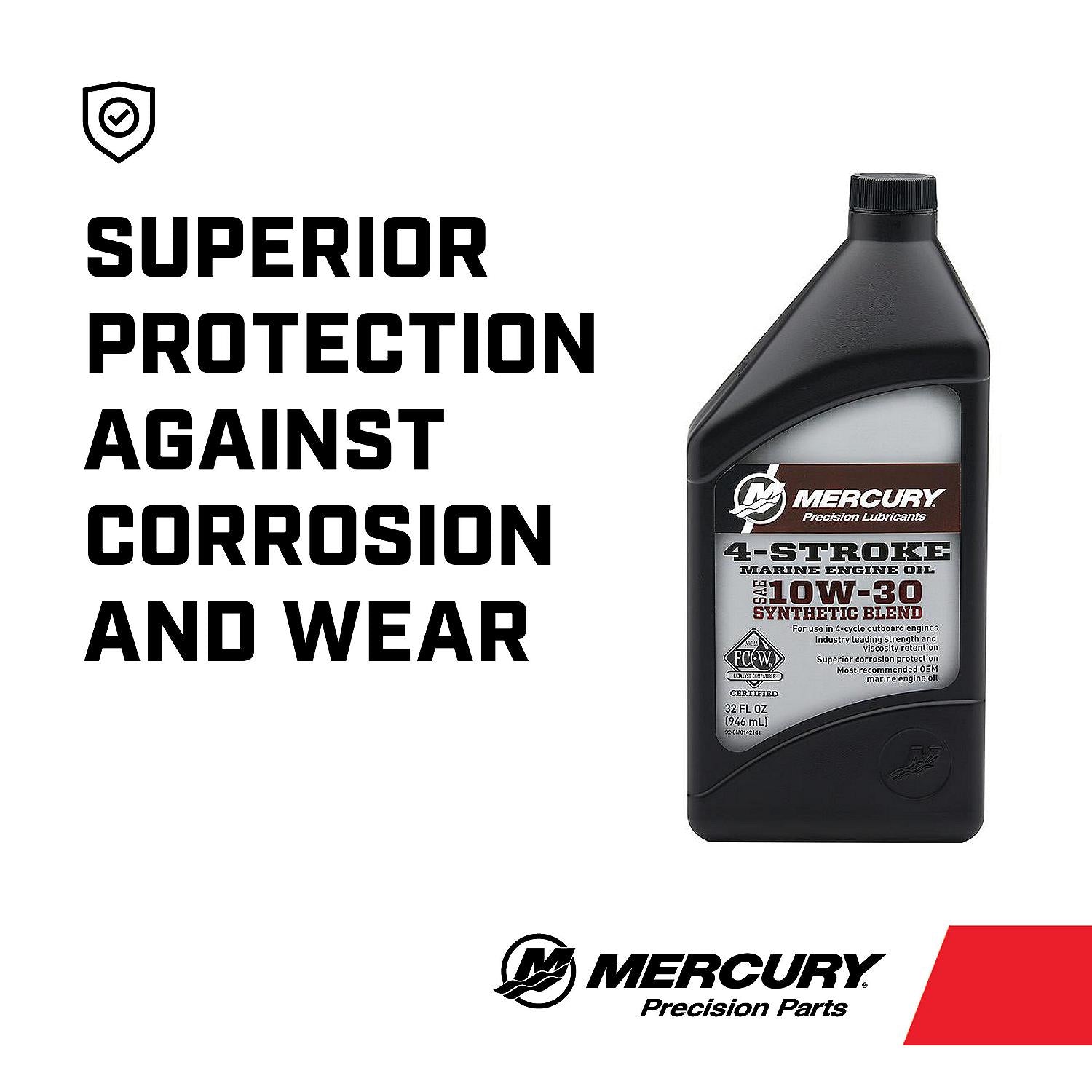 Mercury 10W-30 4-stroke synthetic blend marine engine oil 1 quart for V6 V8 and up to 150hp outboards 8M0142141 Superior